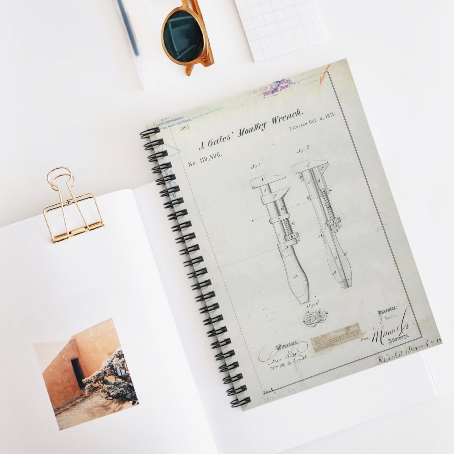 Patent Drawing of Engine - for J. Gates' Monkey Wrench Public domain  image Spiral Bound Ruled Notebook with Printed Cover
