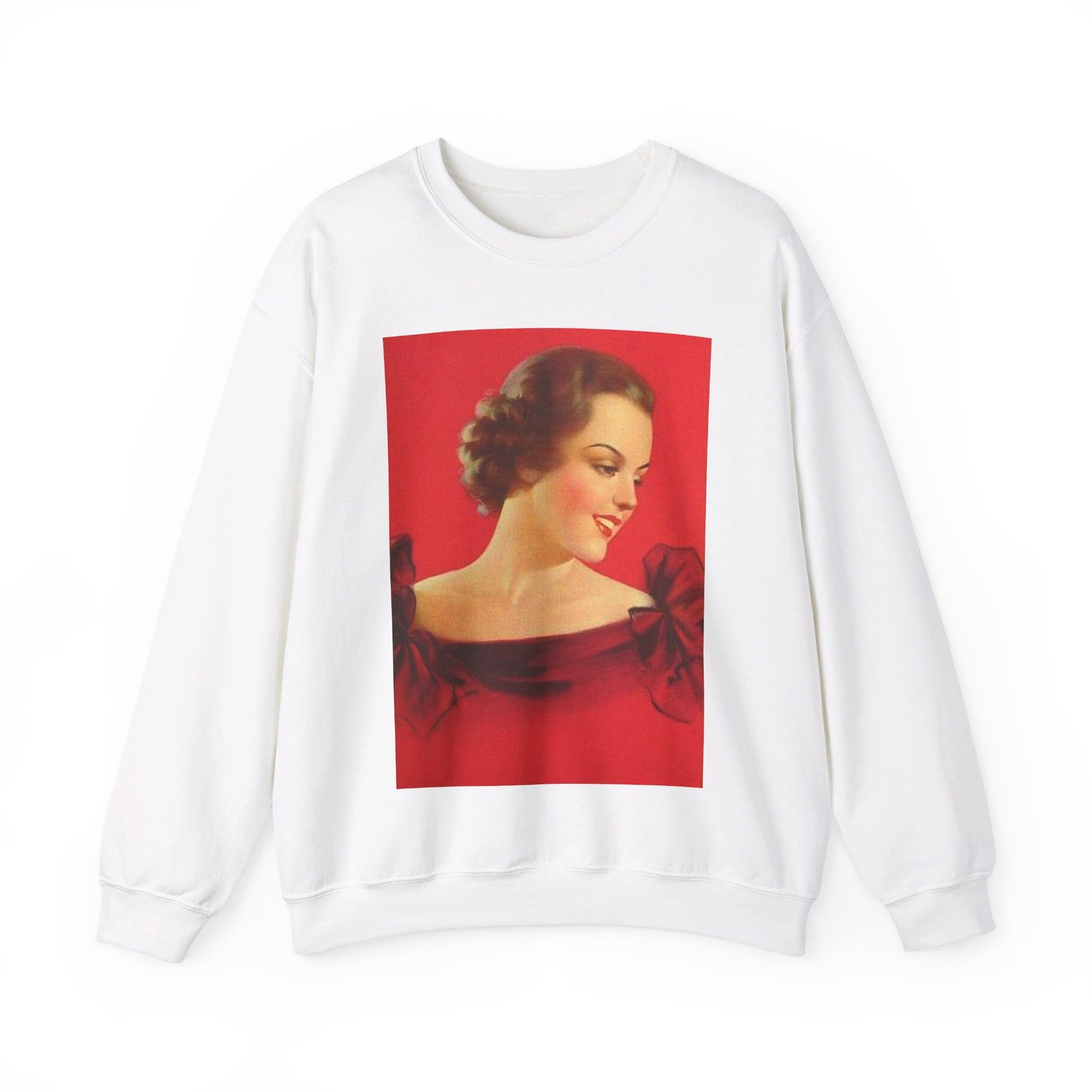 Brunette girl head, red background, painting by Edward Mason Eggleston White Heavy Blend Adult Crew Neck SweatShirt