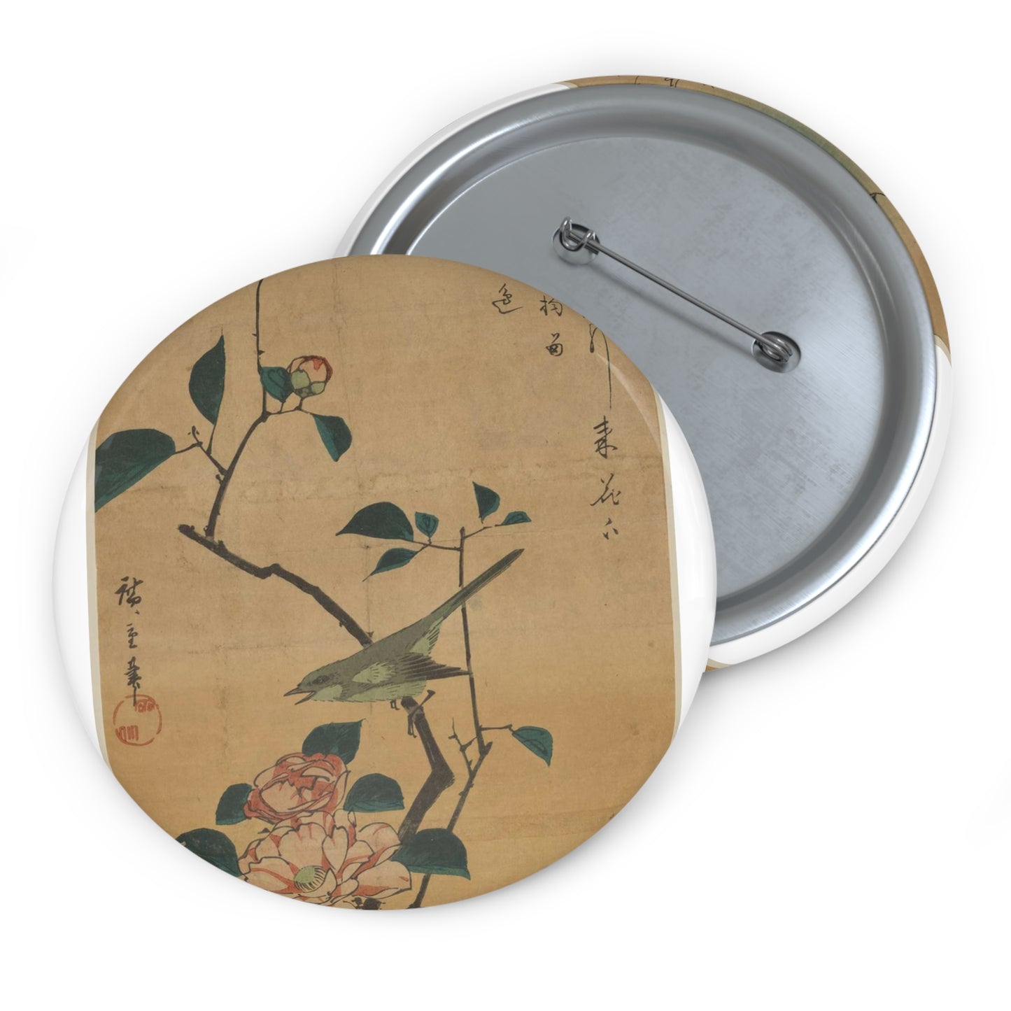 Utagawa Hiroshige - Tsubaki ni uguisu, Ando Hiroshige Pin Buttons with Crisp Design
