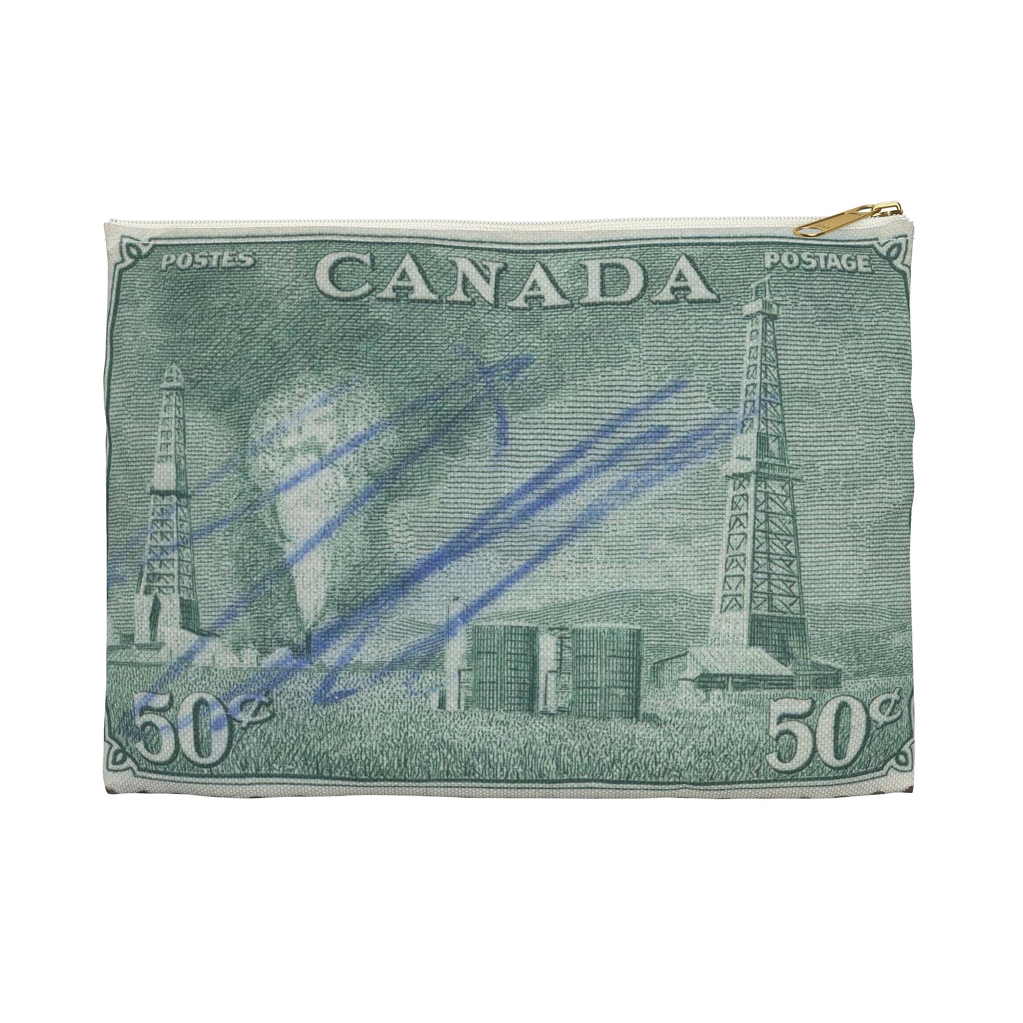 Frimärke ur Gösta Bodmans filatelistiska motivsamling, påbörjad 1950.Frimärke från Canada, 1950. Motiv av petroleumutvinning i Alberta. Large Organizer Pouch with Black Zipper
