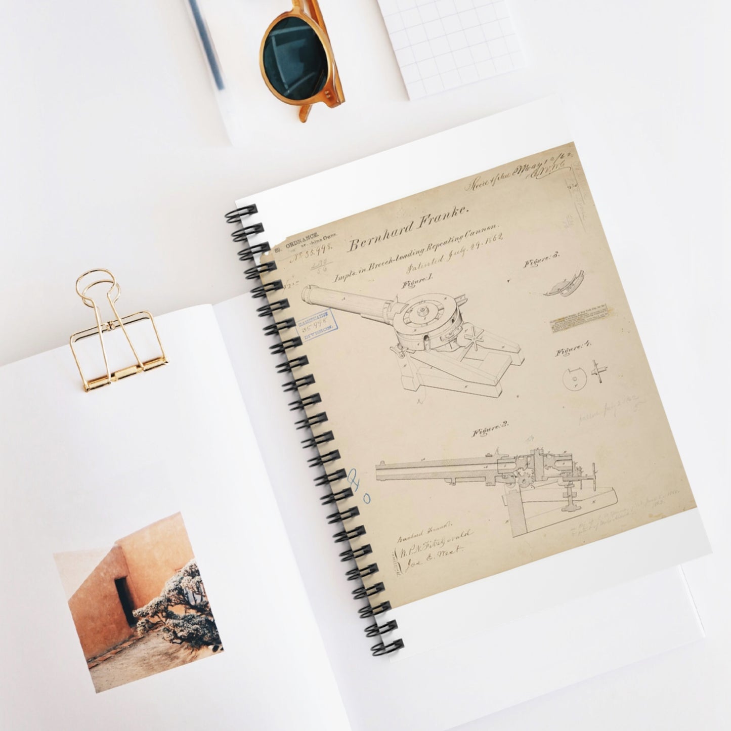 Patent drawing - Drawing of Improvements in Breech-Loading Repeating Cannon Public domain  image Spiral Bound Ruled Notebook with Printed Cover