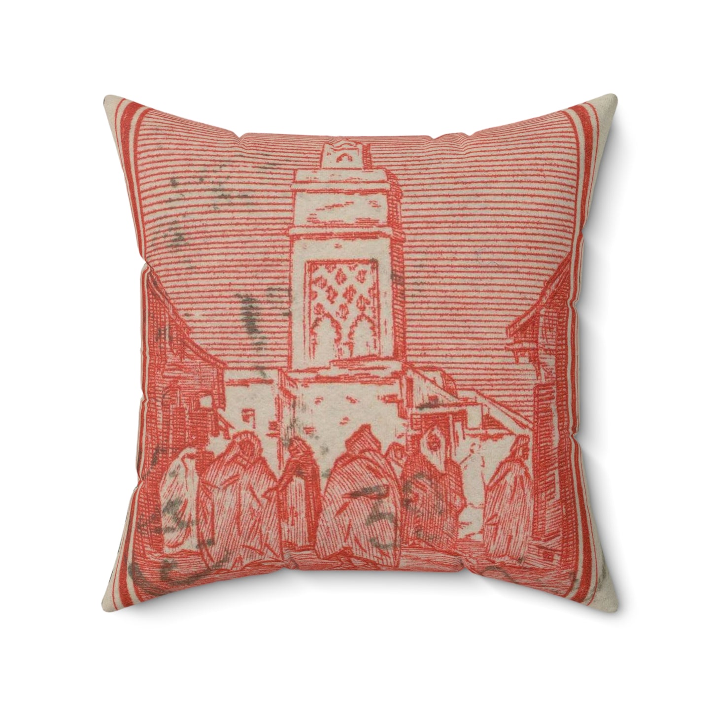 Frimärke ur Gösta Bodmans filatelistiska motivsamling, påbörjad 1950.Frimärke från Franska Marocko, 1939. Motiv av moskéen Salè. Decorative Accent Square Pillow