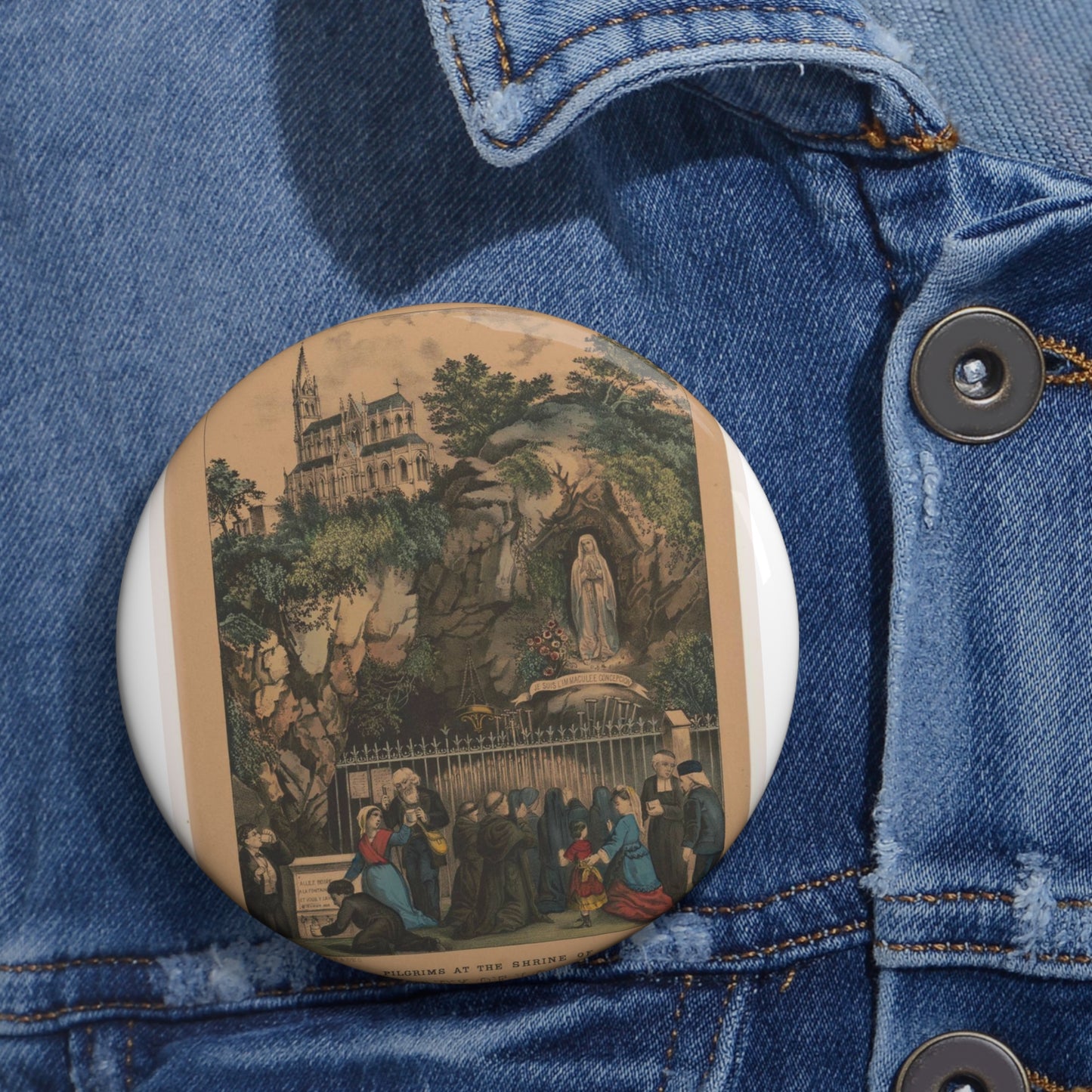 Pilgrims at the Shrine of Our Lady of Lourdes Pin Buttons with Crisp Design