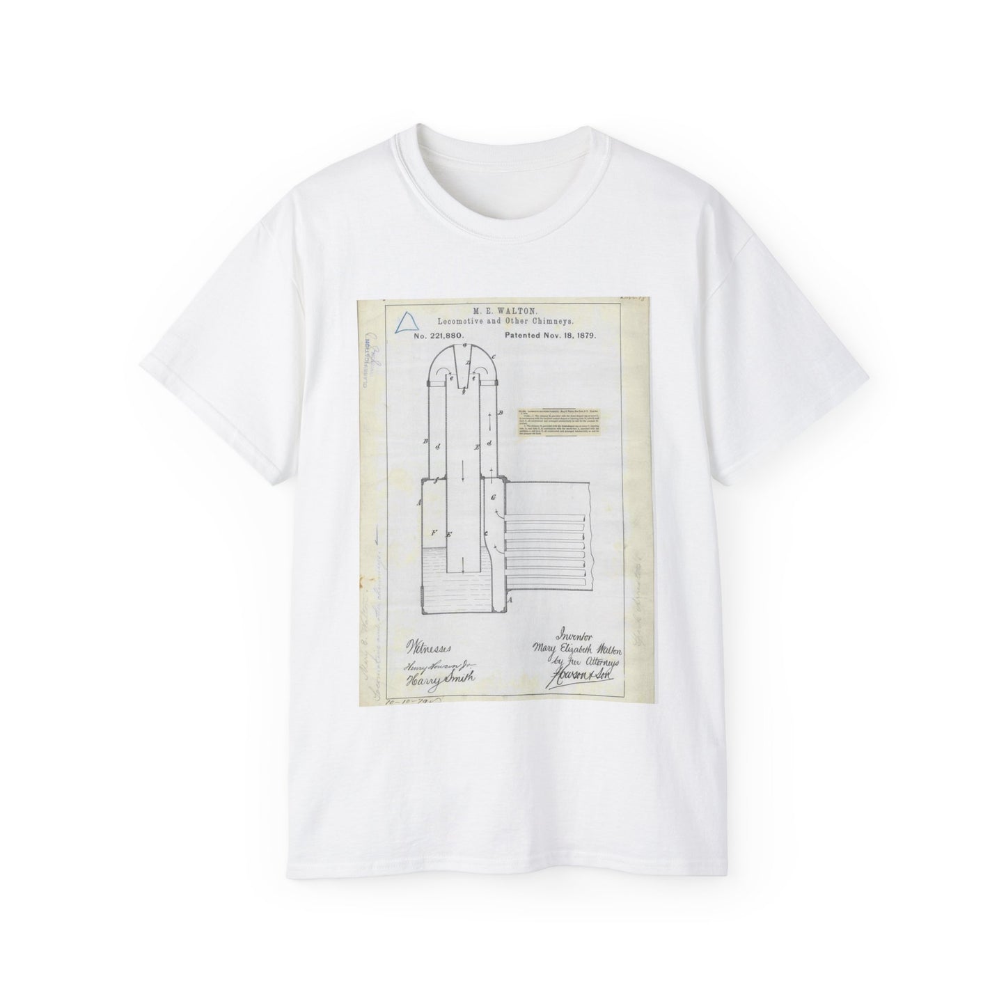 Patent Drawing of Engine - for M. E. Walton's Locomotive and Other Chimneys Public domain  image White T-Shirt Gildan 2000 Cotton Unisex