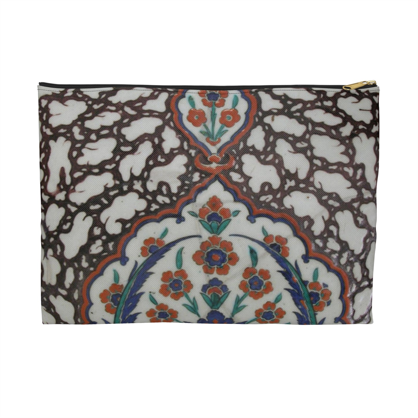 Tile with Floral Cartouche Design on Ebru (Marble Imitation Pattern) Background Large Organizer Pouch with Black Zipper