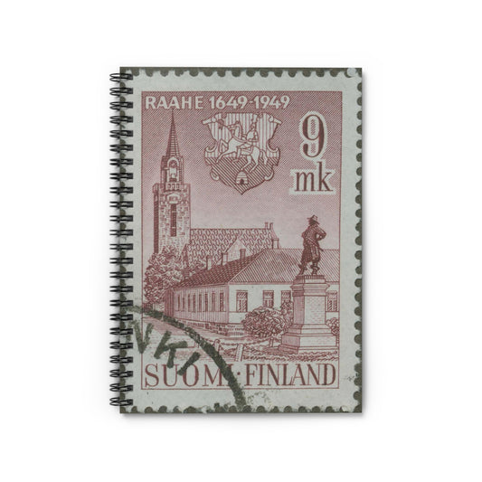 Frimärke ur Gösta Bodmans filatelistiska motivsamling, påbörjad 1950.Frimärke från Finland, 1949. Motiv av Brahestads Kyrka. "Brahestad 300 år: 1649-1949". Spiral Bound Ruled Notebook with Printed Cover