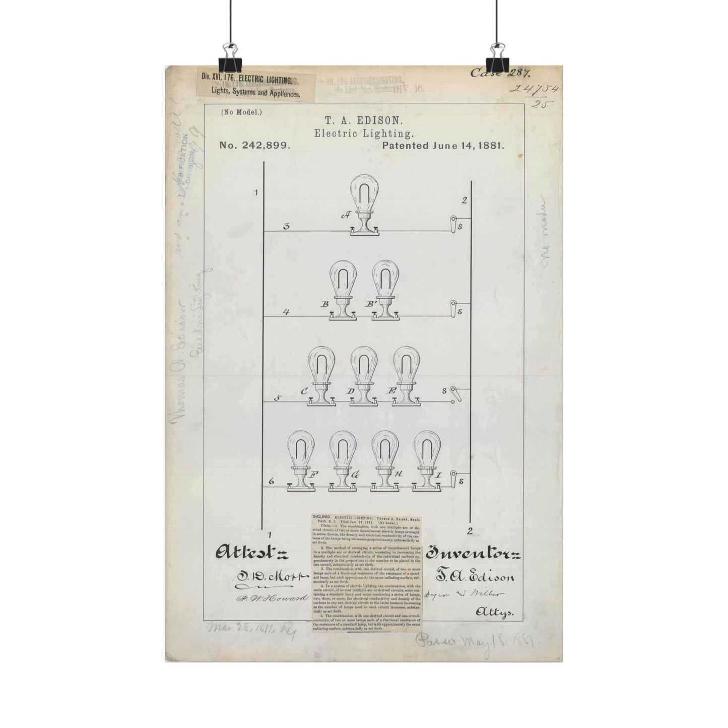 Patent drawing - for T. A. Edison's Electric Lighting Public domain  image High Quality Matte Wall Art Poster for Home, Office, Classroom