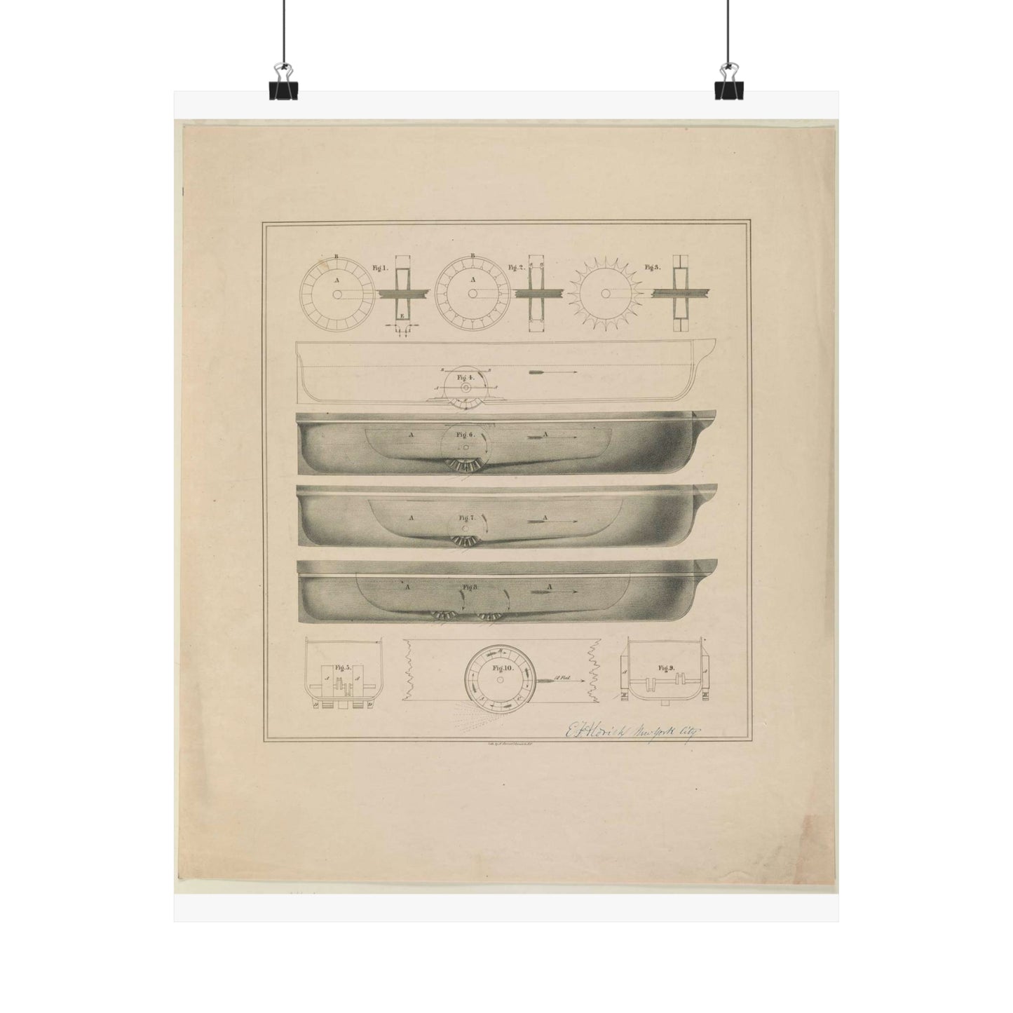 Patent Drawing of Engine - [Design drawings for paddle wheel steamer] / lith. by N. Currier, 2 Spruce St. N.Y. Public domain  image High Quality Matte Wall Art Poster for Home, Office, Classroom