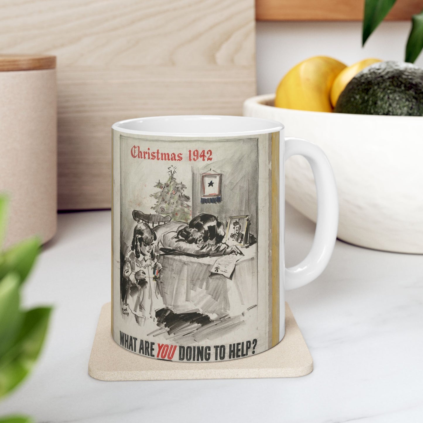 What Are You Doing to Help?  Christmas 1942 Beautiful Novelty Ceramic Coffee Mug 11oz