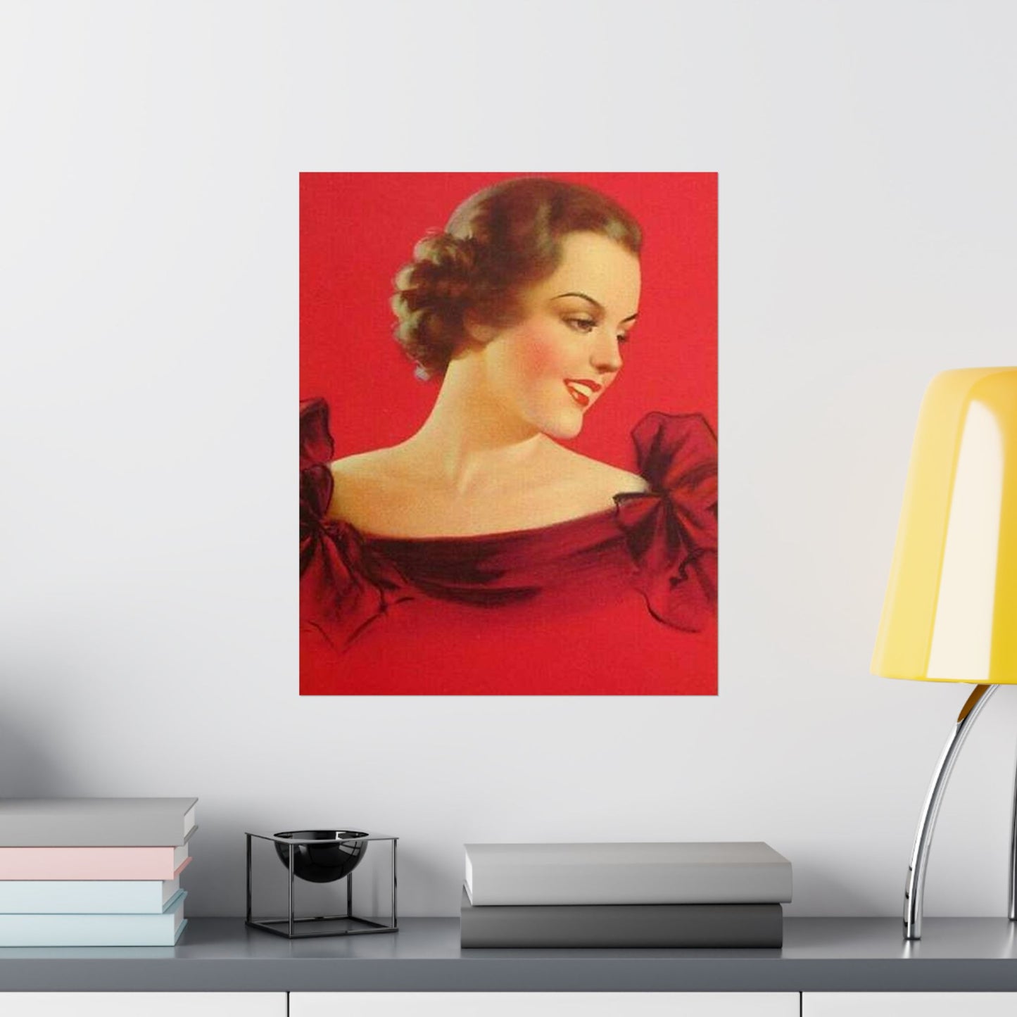 Brunette girl head, red background, painting by Edward Mason Eggleston High Quality Matte Wall Art Poster for Home, Office, Classroom