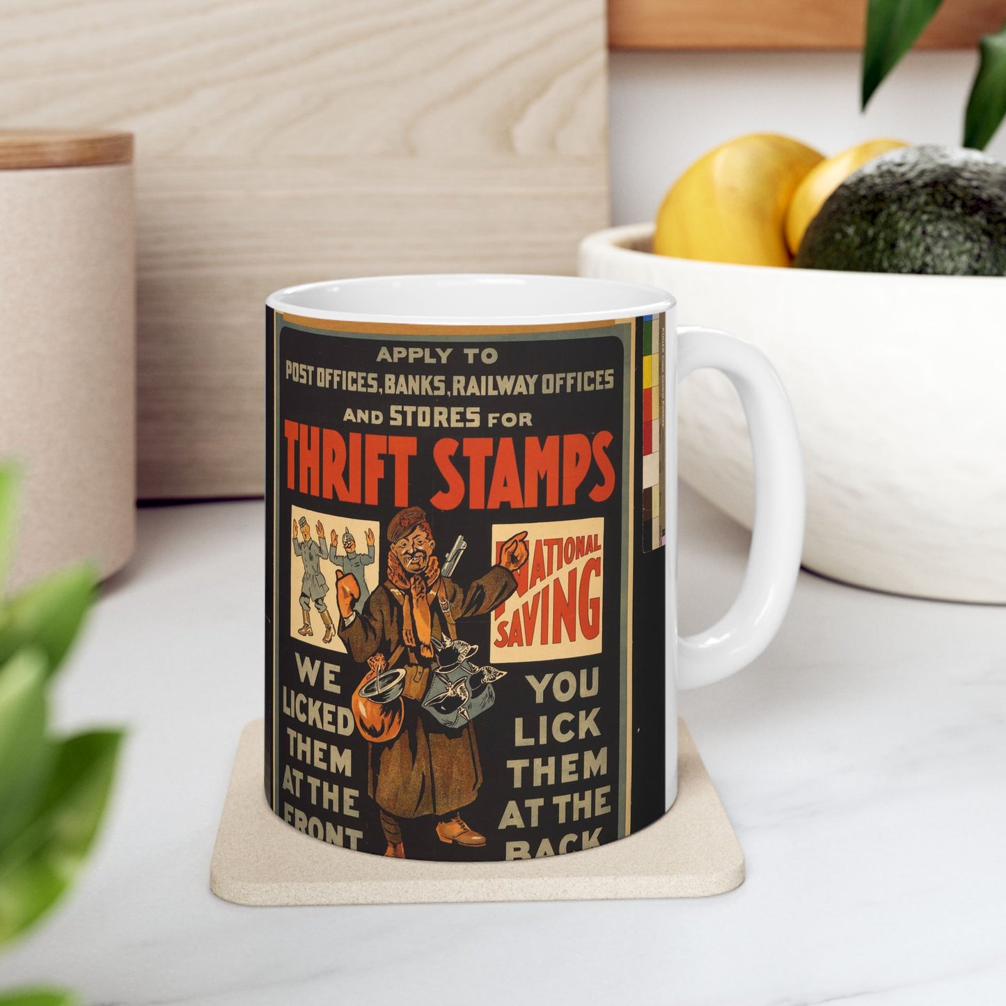 Thrift stamps. We licked them at the front, you lick them at the back Beautiful Novelty Ceramic Coffee Mug 11oz