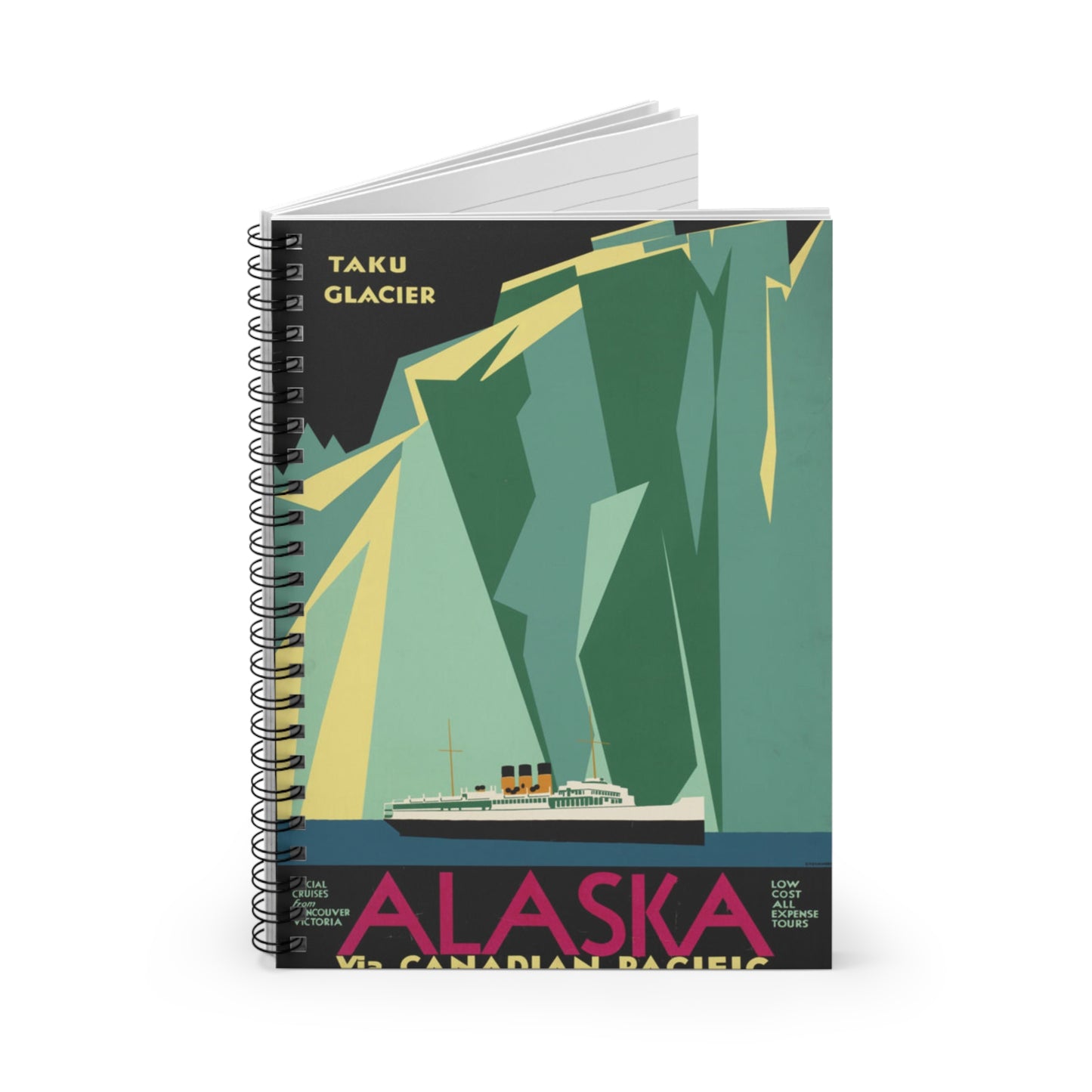 Alaska. Vintage Travel Poster., Art Deco Poster Spiral Bound Ruled Notebook with Printed Cover