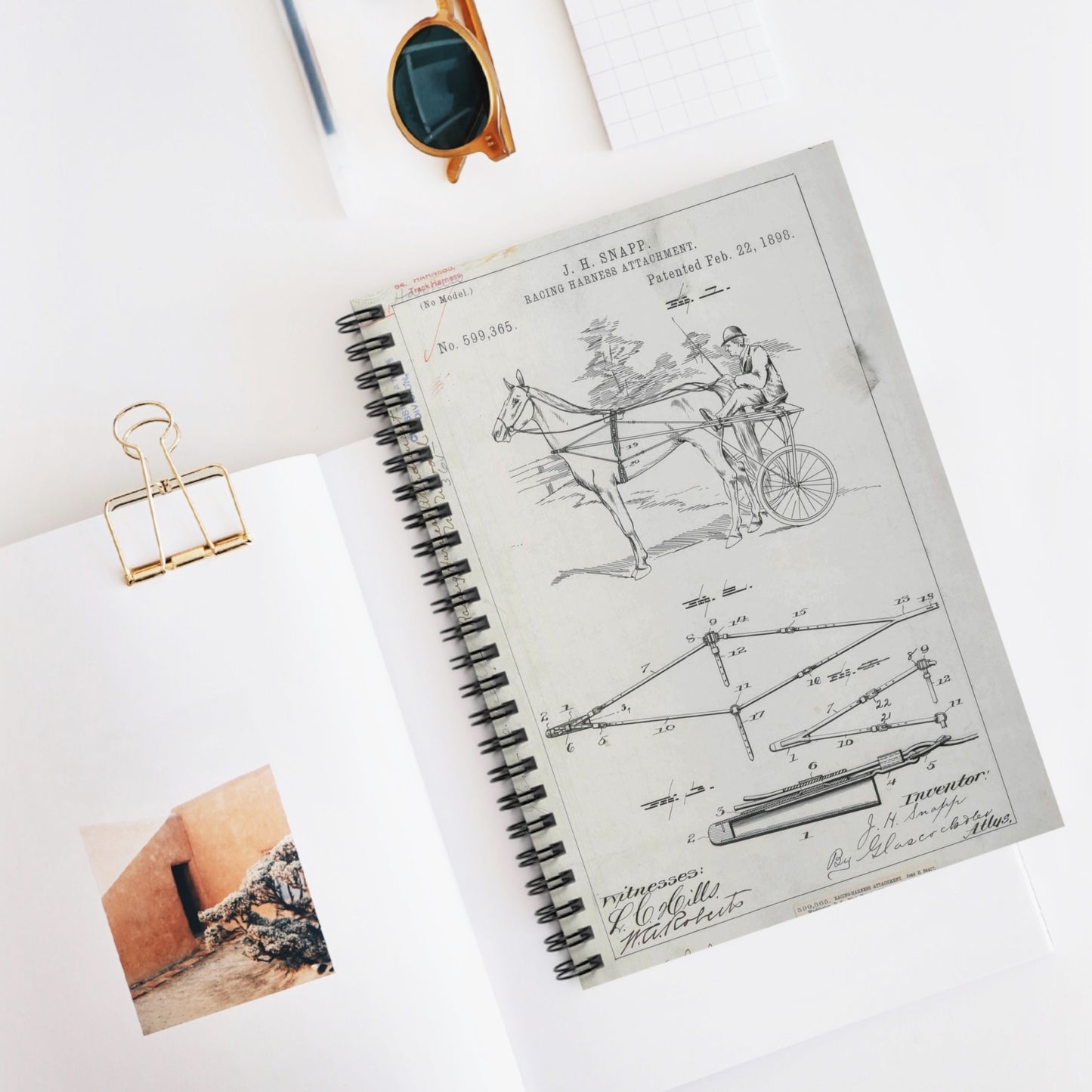 Patent drawing - for J. H. Snapp's Racing Harness Attachment Public domain  image Spiral Bound Ruled Notebook with Printed Cover