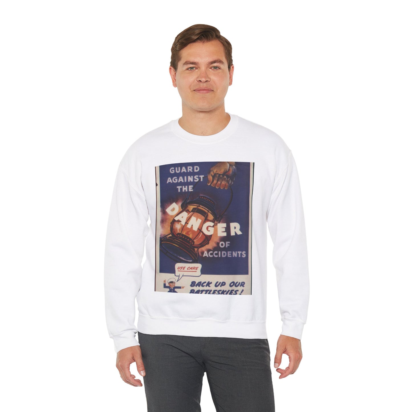 Guard against the danger of accidents. Back up our battleskies^ - NARA - 535358 White Heavy Blend Adult Crew Neck SweatShirt