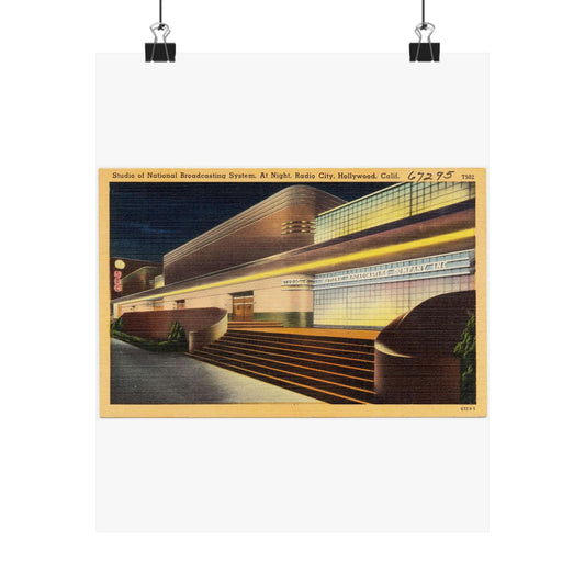 Studio of National Broadcasting System, at night, Radio City, Hollywood, Calif. High Quality Matte Wall Art Poster for Home, Office, Classroom