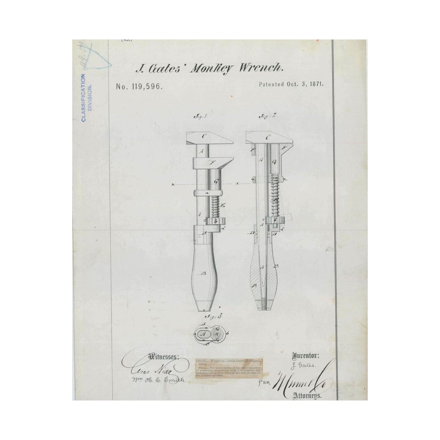 Patent Drawing of Engine - for J. Gates' Monkey Wrench Public domain  image High Quality Matte Wall Art Poster for Home, Office, Classroom