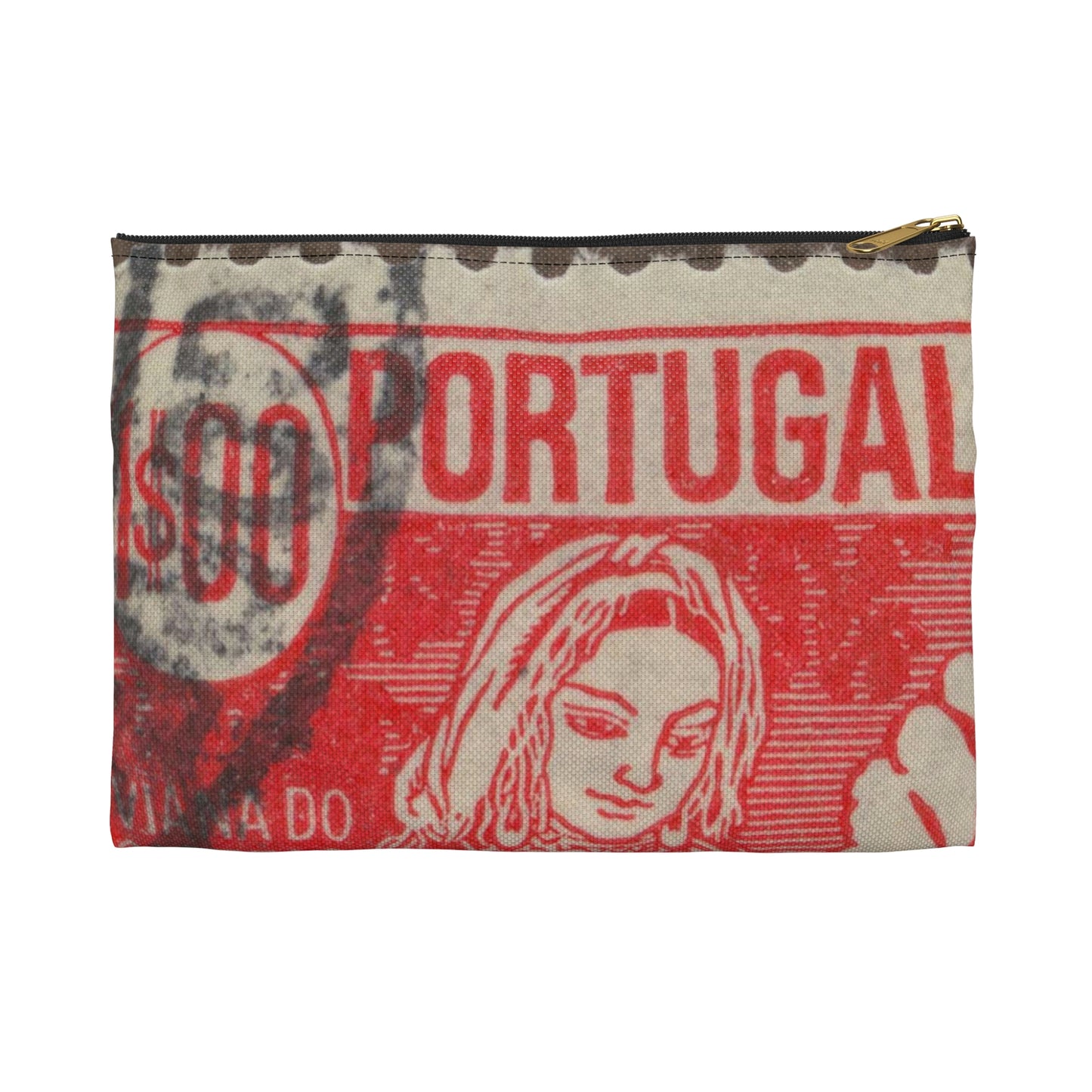 Frimärke ur Gösta Bodmans filatelistiska motivsamling, påbörjad 1950.Frimärke frånPortugal, 1941. Motiv av garnspinnande med slända. "Kvinna från Viana do Castelo". Large Organizer Pouch with Black Zipper