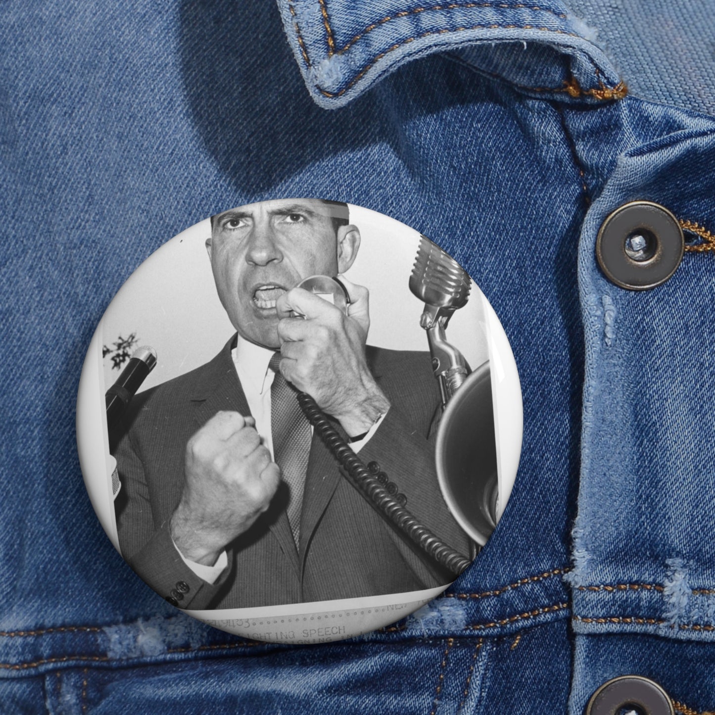 Richard Nixon clinches his fist as he addresses his first audience in Long Island, New York Pin Buttons with Crisp Design