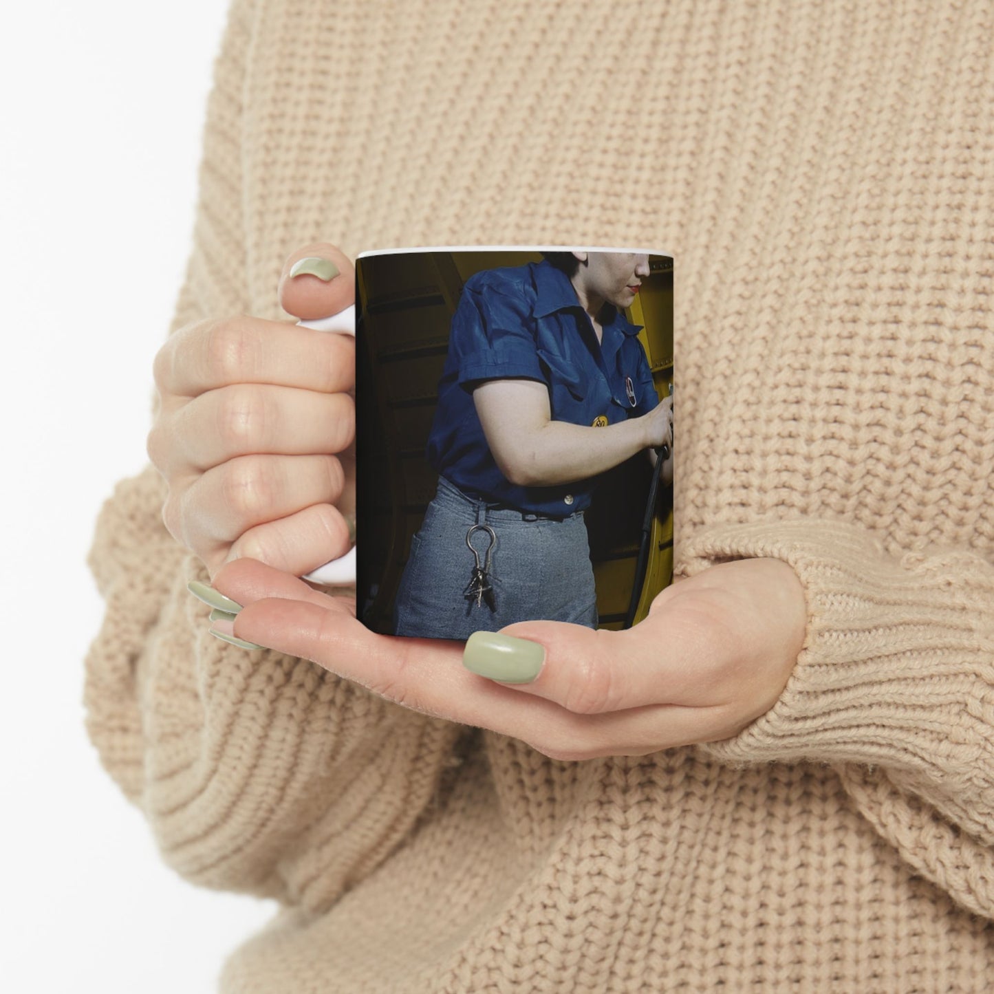 Operating a hand drill at Vultee-Nashville, woman is working on a "Vengeance" dive bomber, Tennessee Beautiful Novelty Ceramic Coffee Mug 11oz