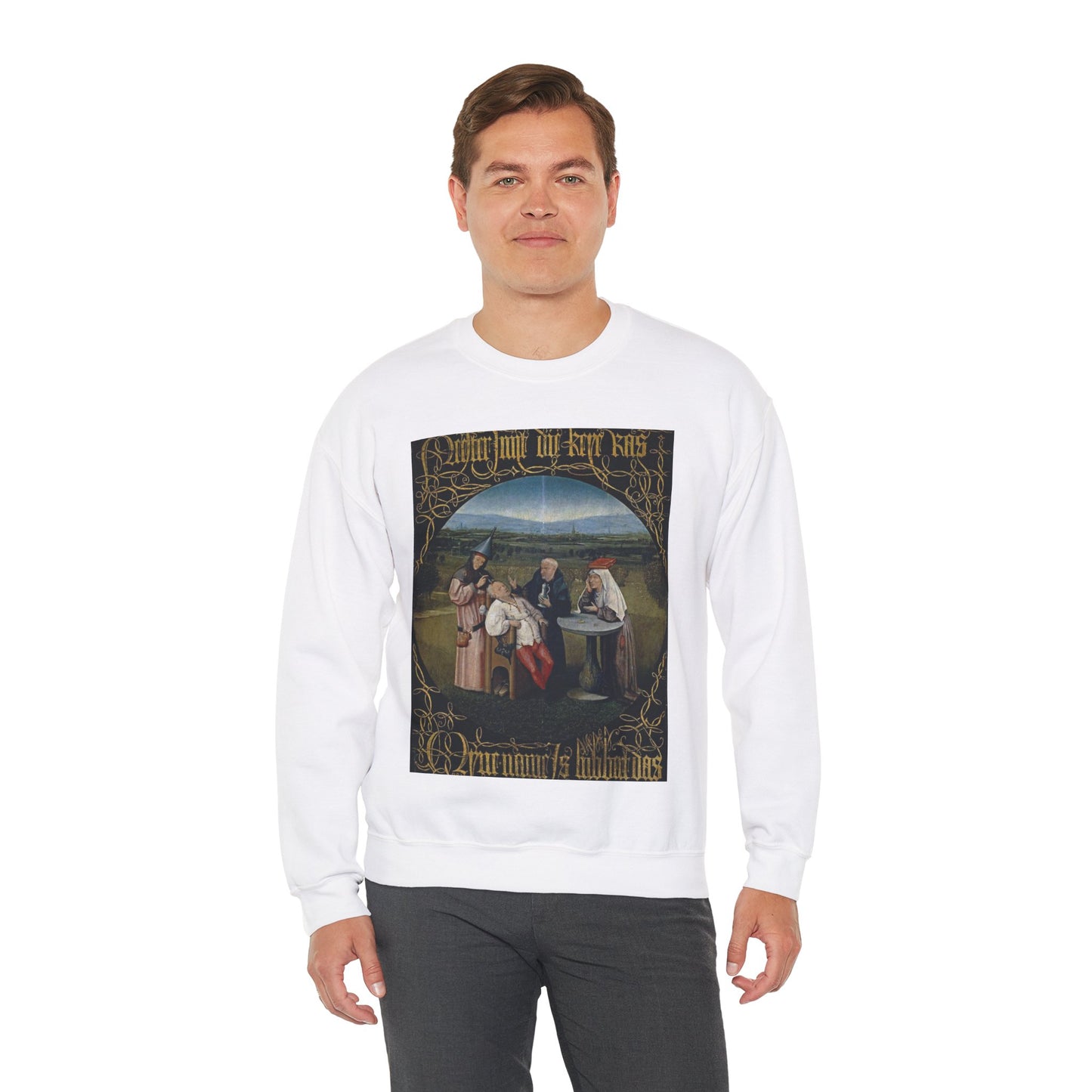 Hieronymus Bosch 053 - A painting of a group of people sitting around a table White Heavy Blend Adult Crew Neck SweatShirt