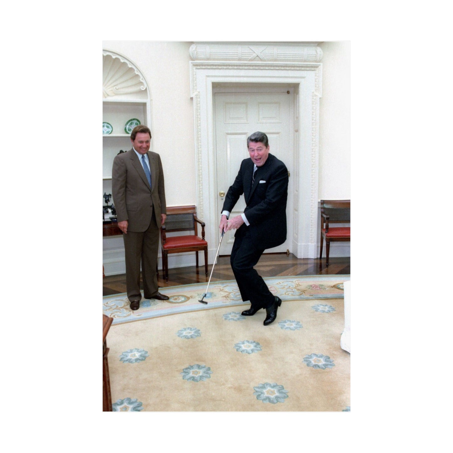 President Ronald Reagan Putting a Golf Ball with Raymond Floyd Looking on in the Oval Office High Quality Matte Wall Art Poster for Home, Office, Classroom