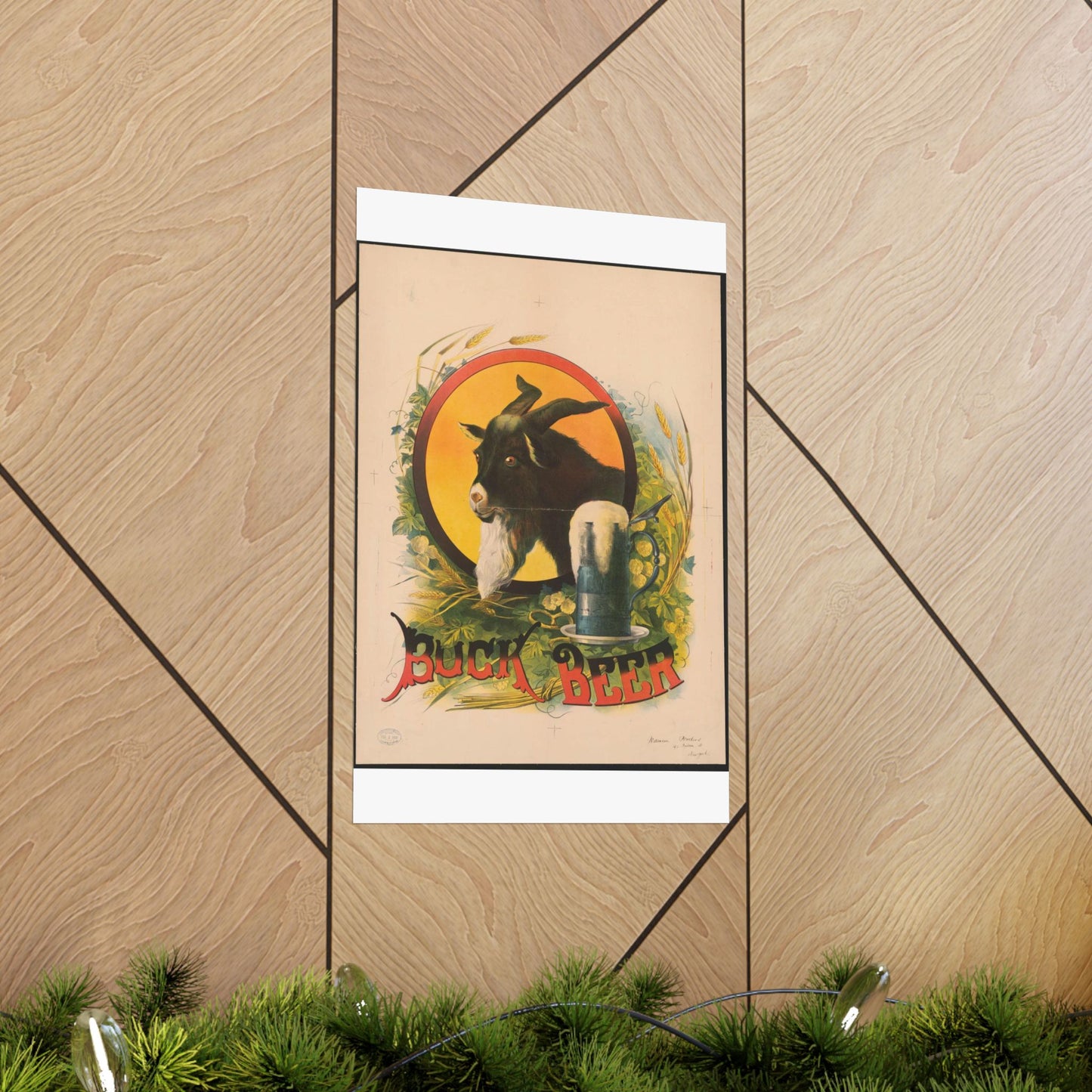 Bock Beer, the head of a goat inside an oval, with a stein of beer sitting on a bed of hops, underneath the oval High Quality Matte Wall Art Poster for Home, Office, Classroom