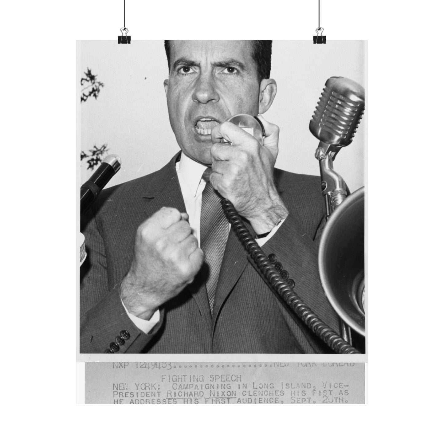 Richard Nixon clinches his fist as he addresses his first audience in Long Island, New York High Quality Matte Wall Art Poster for Home, Office, Classroom