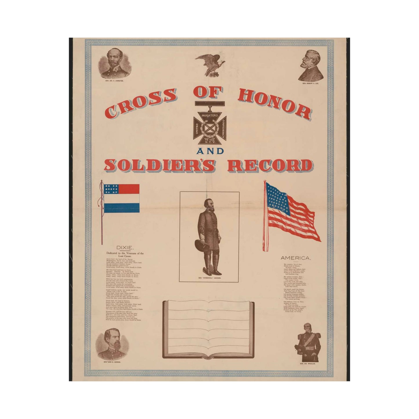 Cross of honor and soldier's record, united daughters confederacy, to the U.C.V High Quality Matte Wall Art Poster for Home, Office, Classroom