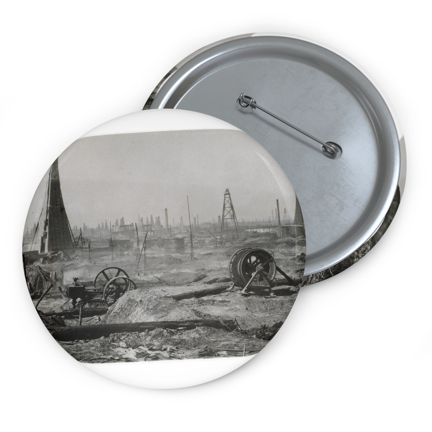 Baku. Oil production. - Drawing. Public domain image. Pin Buttons with Crisp Design