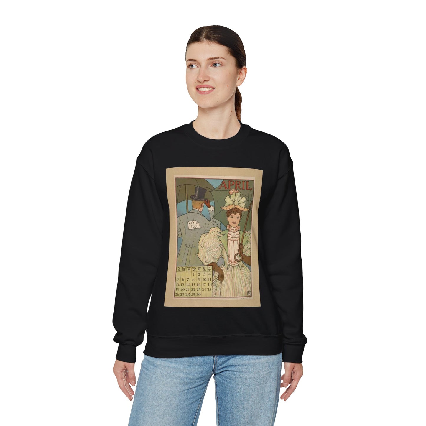 April, Art Nouveau Poster - Art nouveau public domain poster Black Heavy Blend Adult Crew Neck SweatShirt