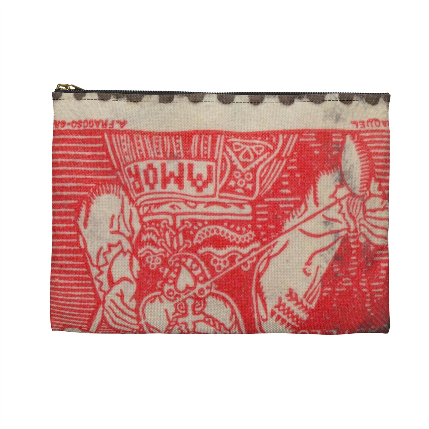 Frimärke ur Gösta Bodmans filatelistiska motivsamling, påbörjad 1950.Frimärke frånPortugal, 1941. Motiv av garnspinnande med slända. "Kvinna från Viana do Castelo". Large Organizer Pouch with Black Zipper