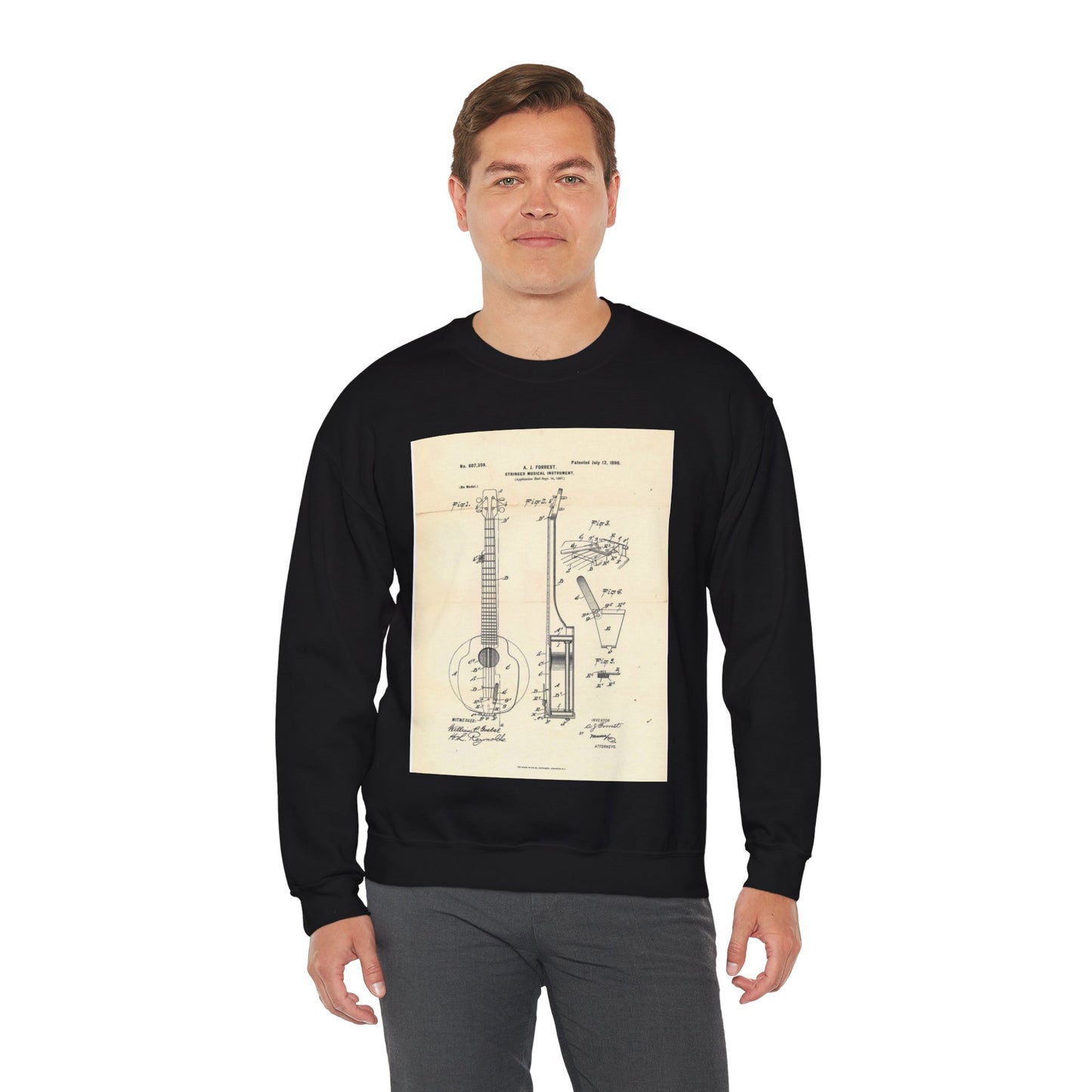 Patent Case File No. 607,359, Stringed Musical Instrument, Inventor- Albert J. Forrest - DPLA - 4131de1d6cfd166bec48feb68641443c (page 21) Black Heavy Blend Adult Crew Neck SweatShirt