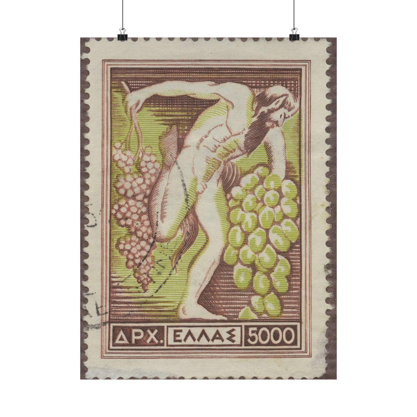 Frimärke ur Gösta Bodmans filatelistiska motivsamling, påbörjad 1950.Frimärke från Grekland, 1953. Motiv av Bacchus med vindruvsklasar. High Quality Matte Wall Art Poster for Home, Office, Classroom
