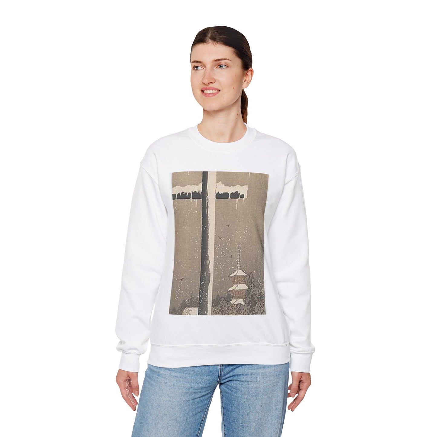 Koson - torii-and-crow-in-the-snow, Ohara Koson White Heavy Blend Adult Crew Neck SweatShirt