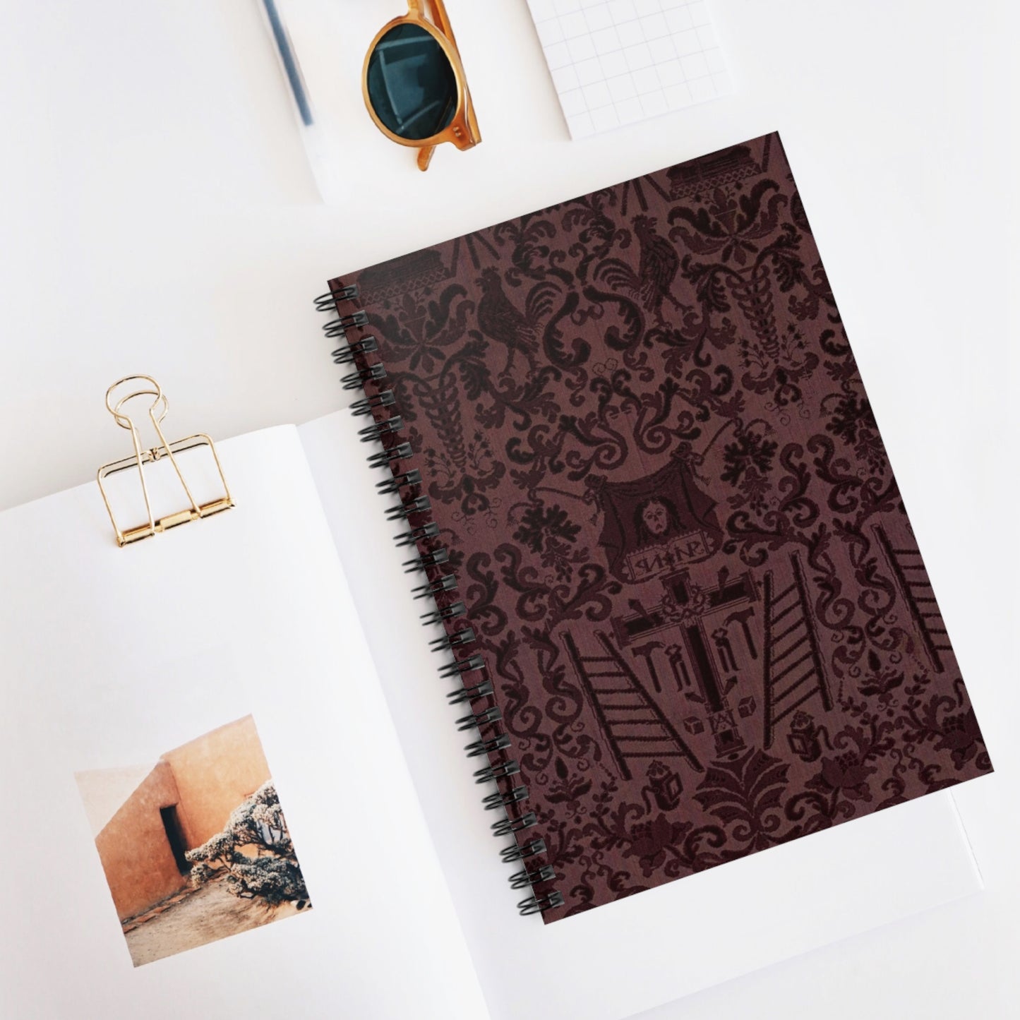 Length of velvet with Instruments of the Passion Spiral Bound Ruled Notebook with Printed Cover