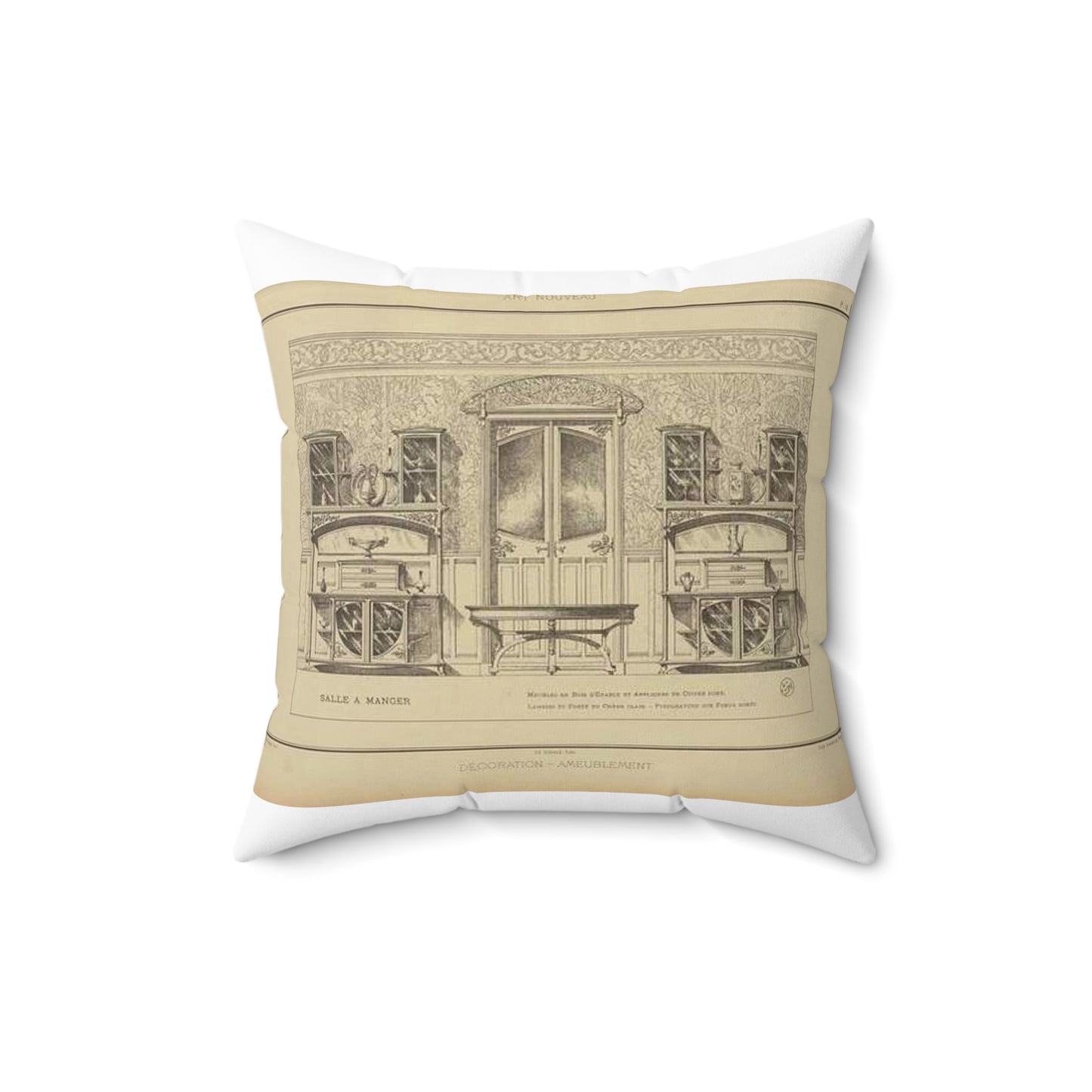 Salle à manger : meubles en bois d'erable et appliques en cuivre doré. Mabris et porte en chêne clair. - Pyrogravure sur fond dorés. Decorative Accent Square Pillow