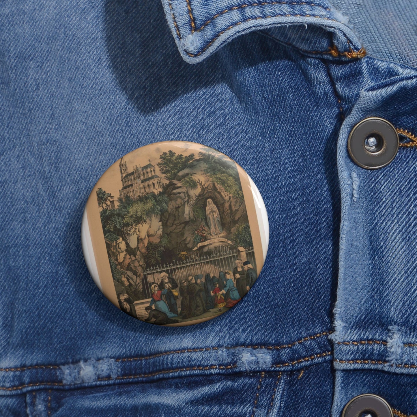 Pilgrims at the Shrine of Our Lady of Lourdes Pin Buttons with Crisp Design