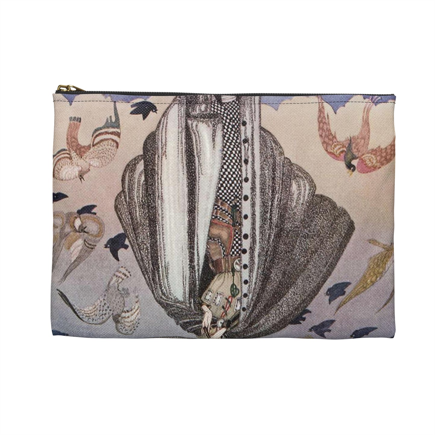 ‘No sooner had he whistled than he heard a whizzing and a whirring from all quarters, and such a large flock of birds swept down that they blackened all the field in which they settled’ (6278219321) Large Organizer Pouch with Black Zipper