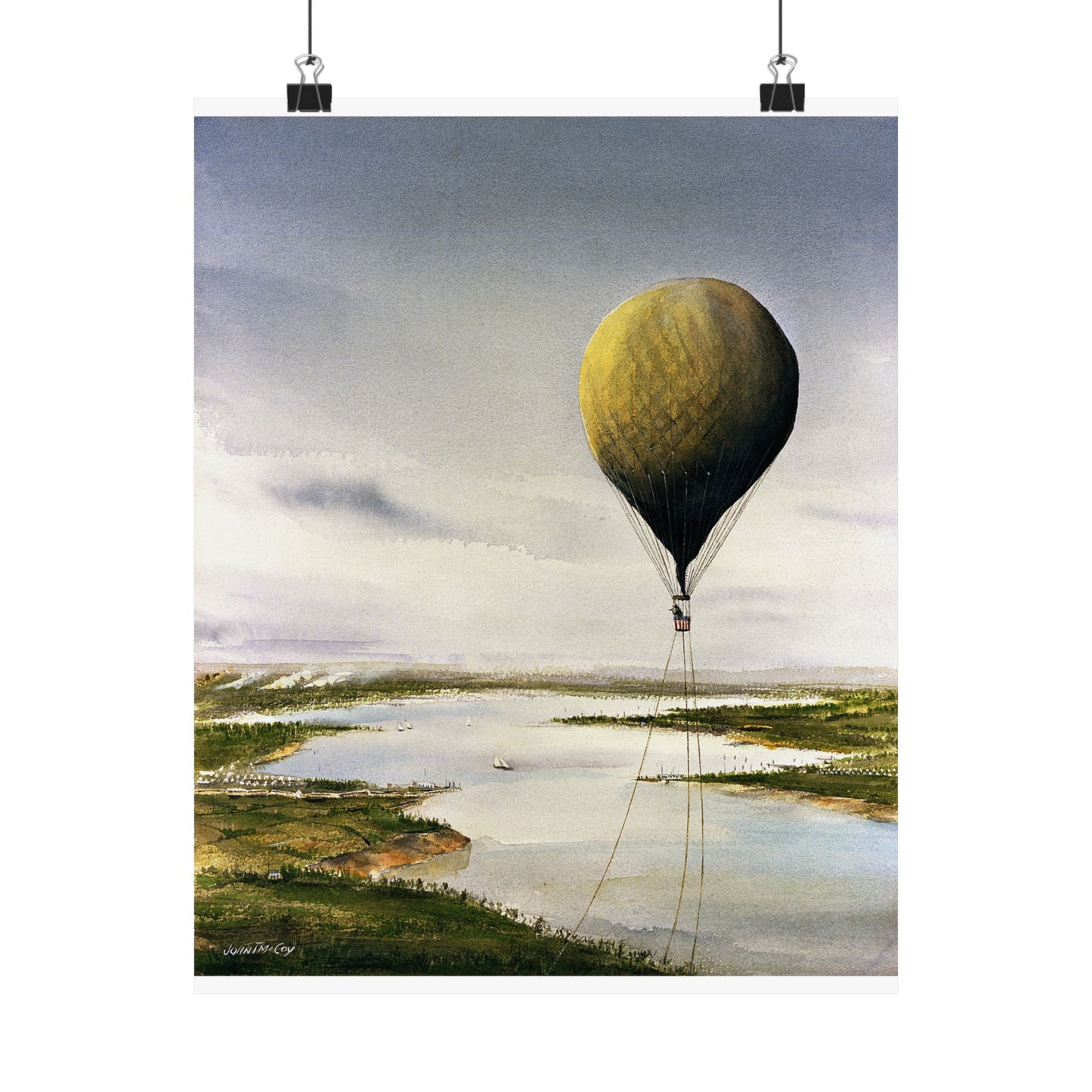 Artwork: "T.S.C. Lowe's Ballon Tethered at 1,000 Feet Above the York River in 1862". Artist: John McCoy High Quality Matte Wall Art Poster for Home, Office, Classroom
