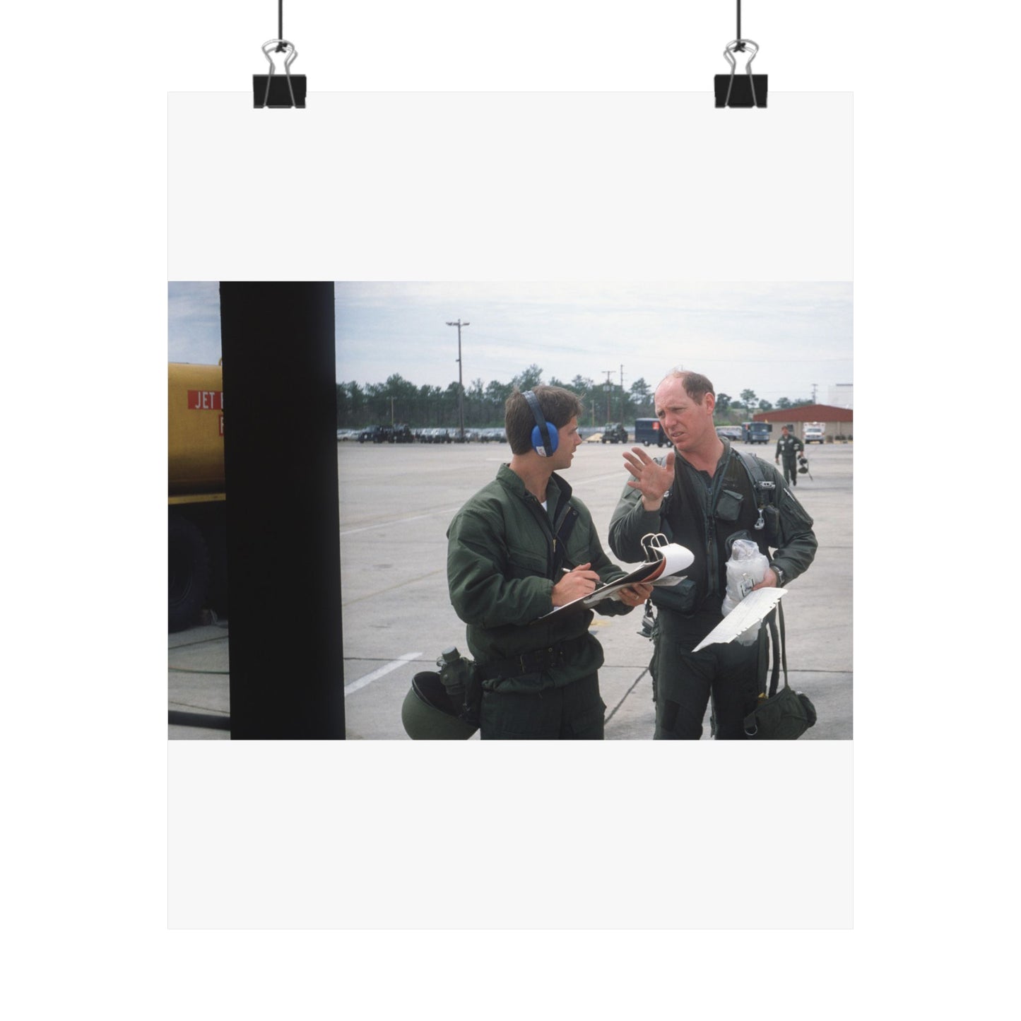 Colonel Tom Barber (right), director of operations, 33rd Tactical Fighter Wing (33rd TFW) is debriefed by First Lieutenant Robert M. Haire (left), intelligence officer, 33rd TFW High Quality Matte Wall Art Poster for Home, Office, Classroom