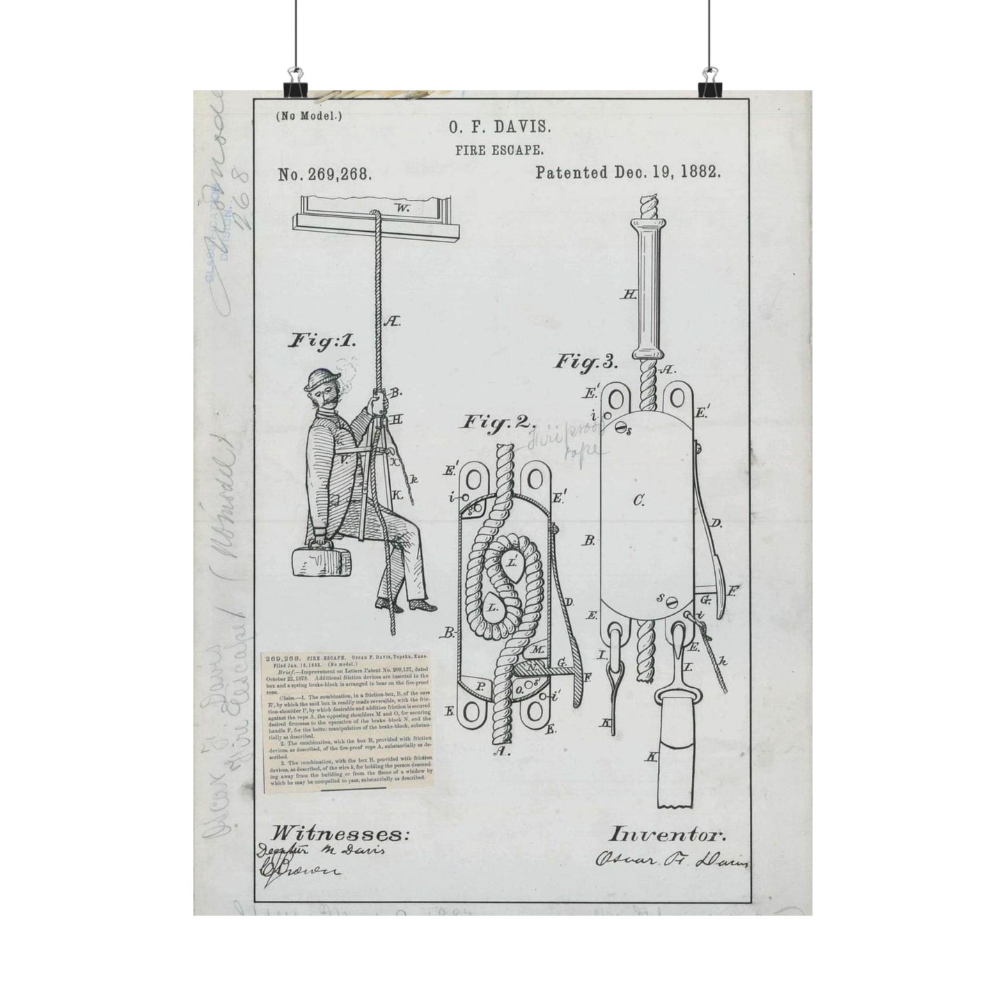 Patent Drawing of Engine - for O. F. Davis' Fire Escape Public domain  image High Quality Matte Wall Art Poster for Home, Office, Classroom