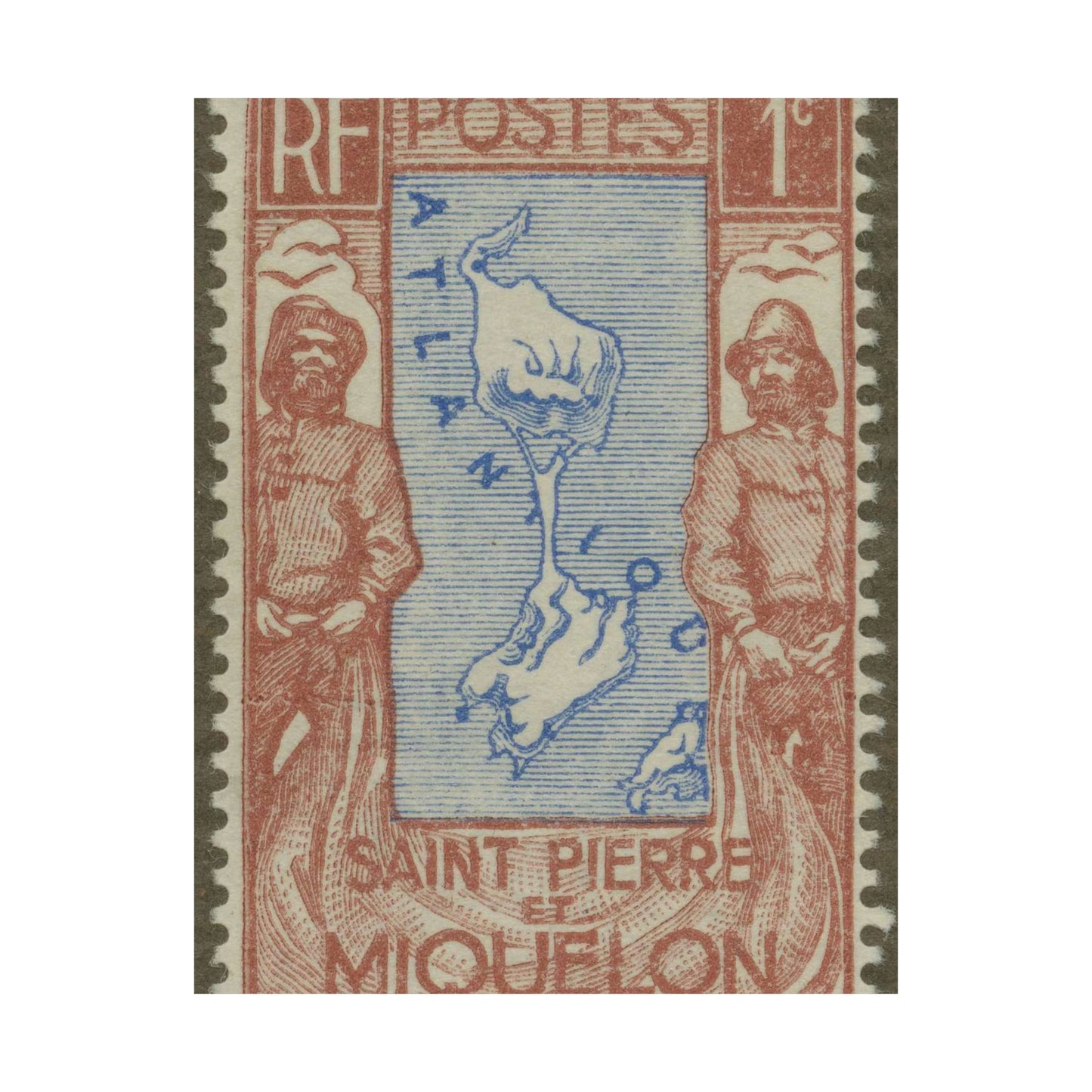 Frimärke ur Gösta Bodmans filatelistiska motivsamling, påbörjad 1950.Frimärke från Saint Pierre et Miquelon 1932. Motiv av karta över Saint Pierre et Miquelon. Fiskare med nät. High Quality Matte Wall Art Poster for Home, Office, Classroom