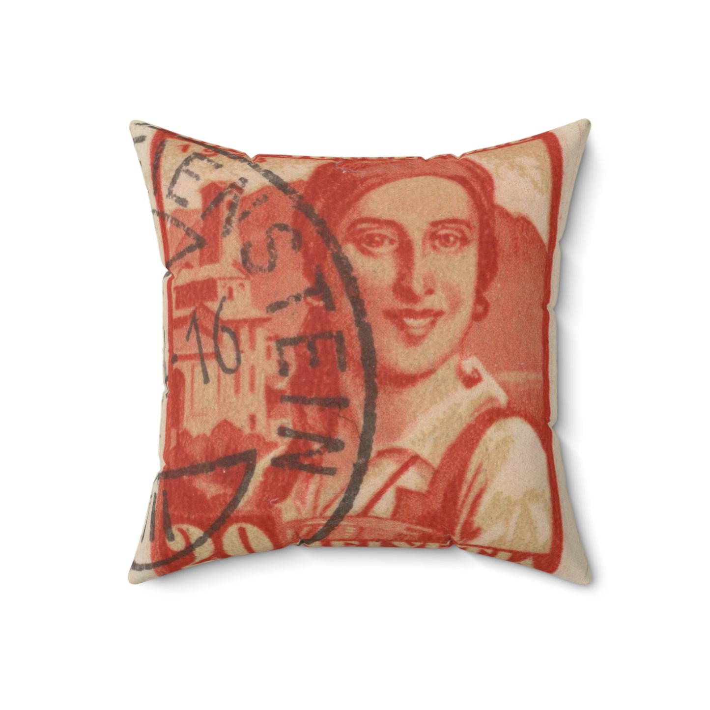 Frimärke ur Gösta Bodmans filatelistiska motivsamling, påbörjad 1950.Frimärke från Schweiz, 1933. Motiv av kvinnodräkt, Tessin. Decorative Accent Square Pillow