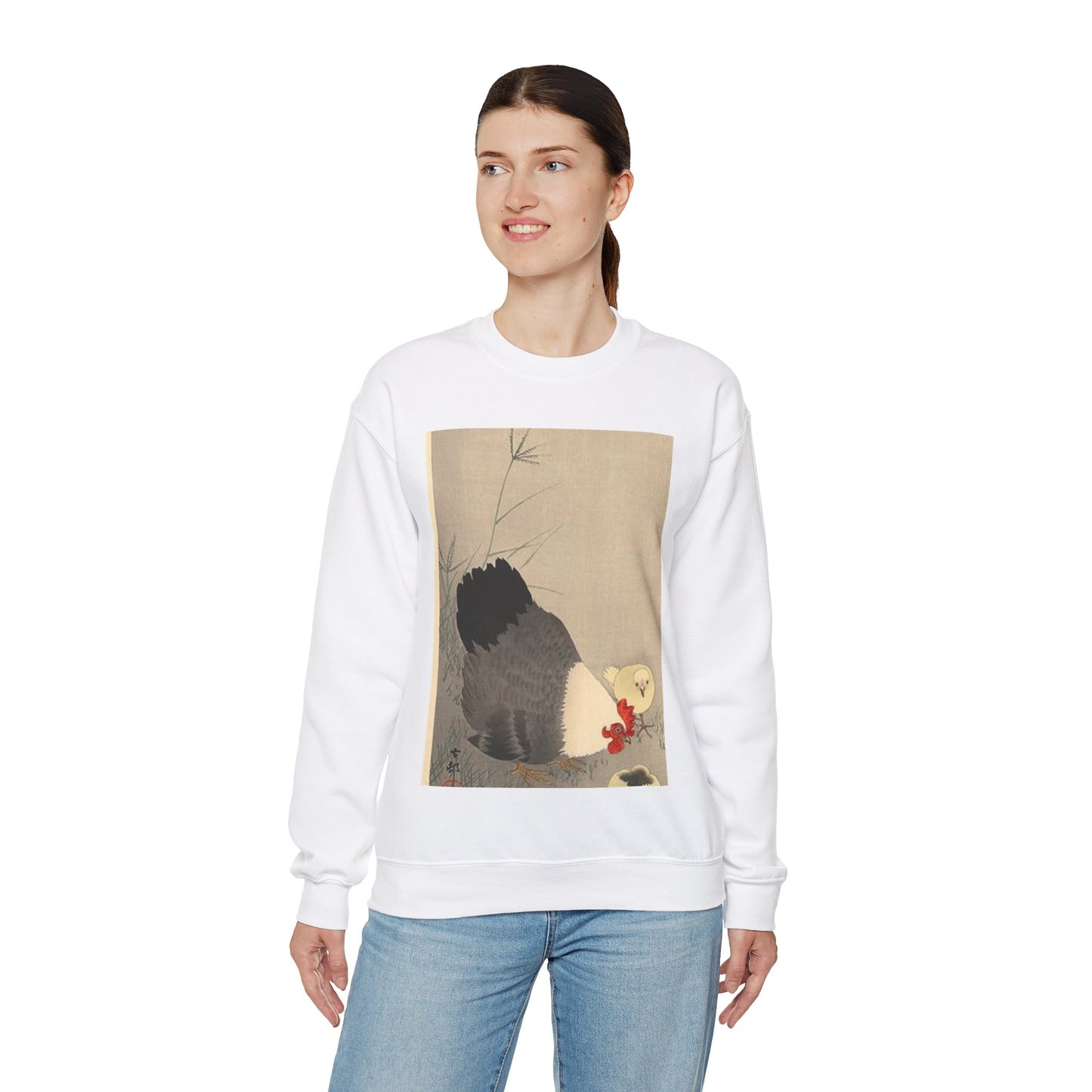 Koson - hen-and-two-chicks-in-grass, Ohara Koson White Heavy Blend Adult Crew Neck SweatShirt