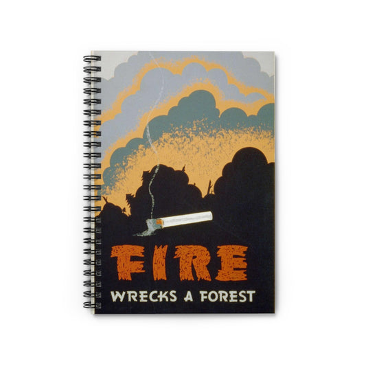 Fire wrecks a forest, Art Deco Poster Spiral Bound Ruled Notebook with Printed Cover