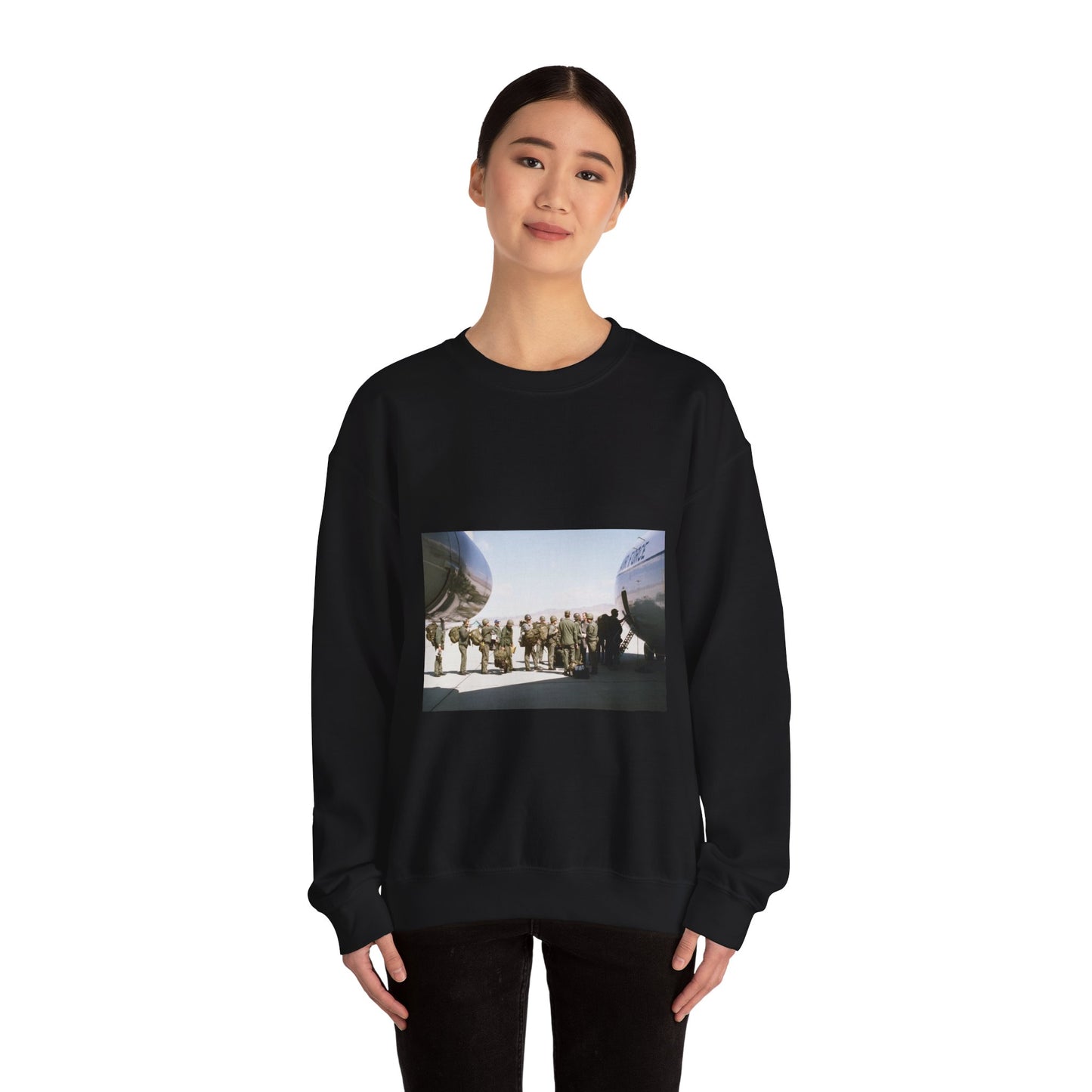 Troops embark a C-141 Starlifter aircraft during exercise Team Spirit (Coronet Spray) Black Heavy Blend Adult Crew Neck SweatShirt