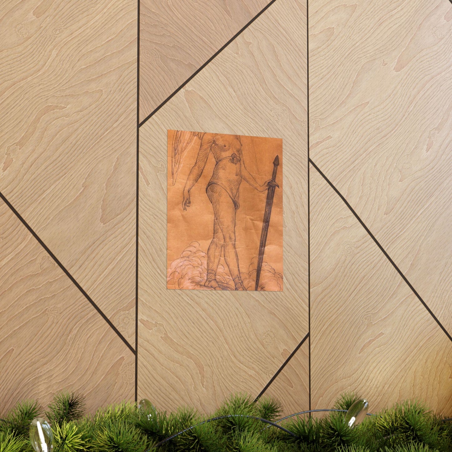 A drawing of an angel holding a sword. Woman breasts sword, beauty fashion. High Quality Matte Wall Art Poster for Home, Office, Classroom