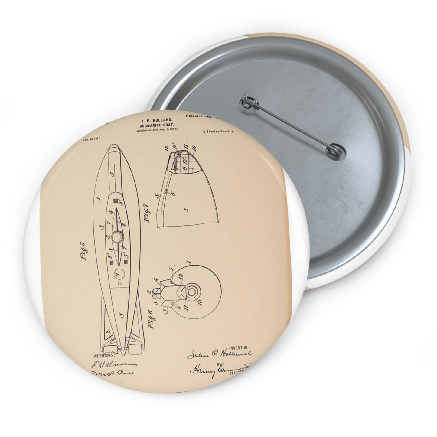 Patent drawing - Drawing for a Submarine Boat Public domain  image Pin Buttons with Crisp Design