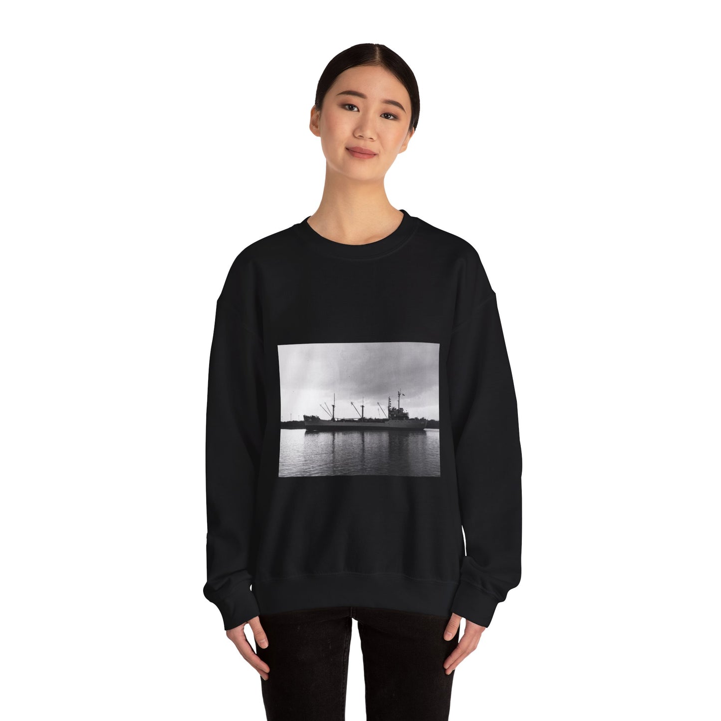 USS Merapi (AF-38) underway on 17 January 1958 (USN 1033595) Black Heavy Blend Adult Crew Neck SweatShirt