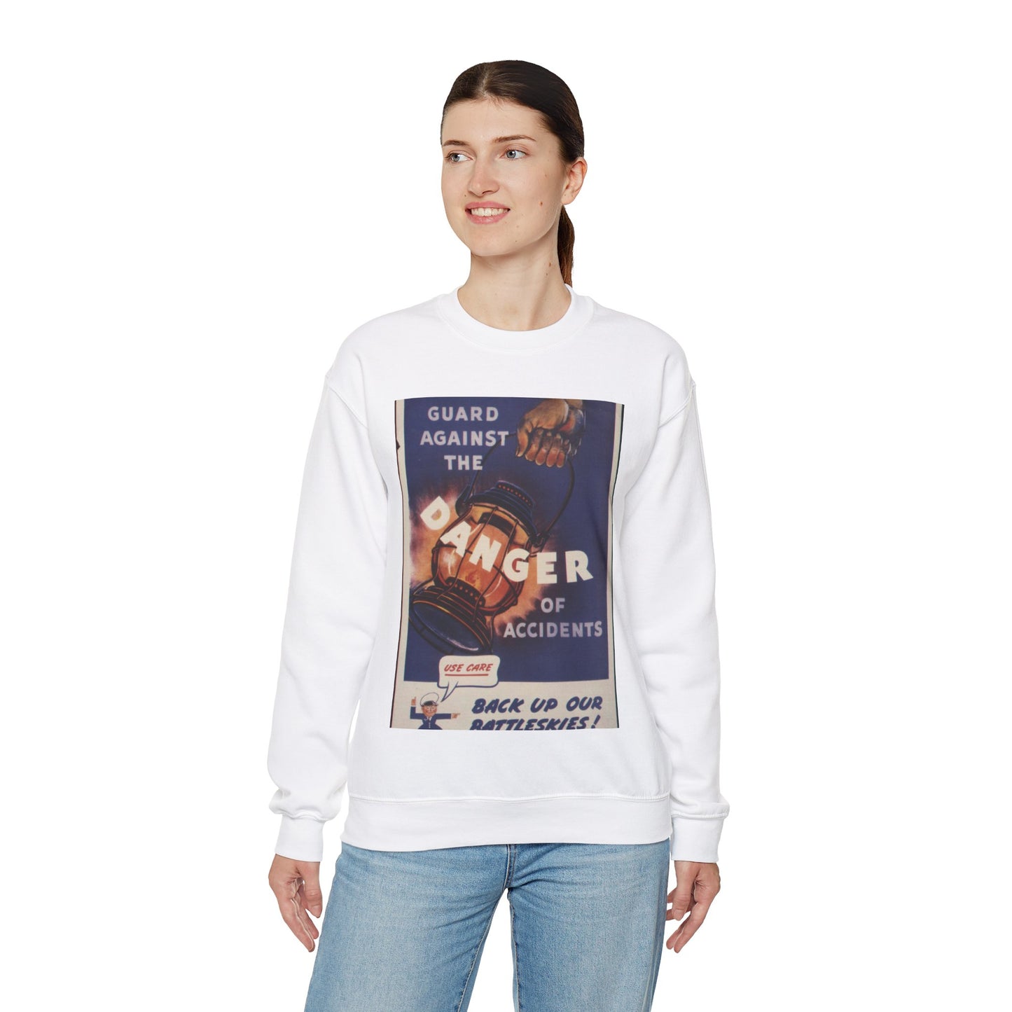 Guard against the danger of accidents. Back up our battleskies^ - NARA - 535358 White Heavy Blend Adult Crew Neck SweatShirt